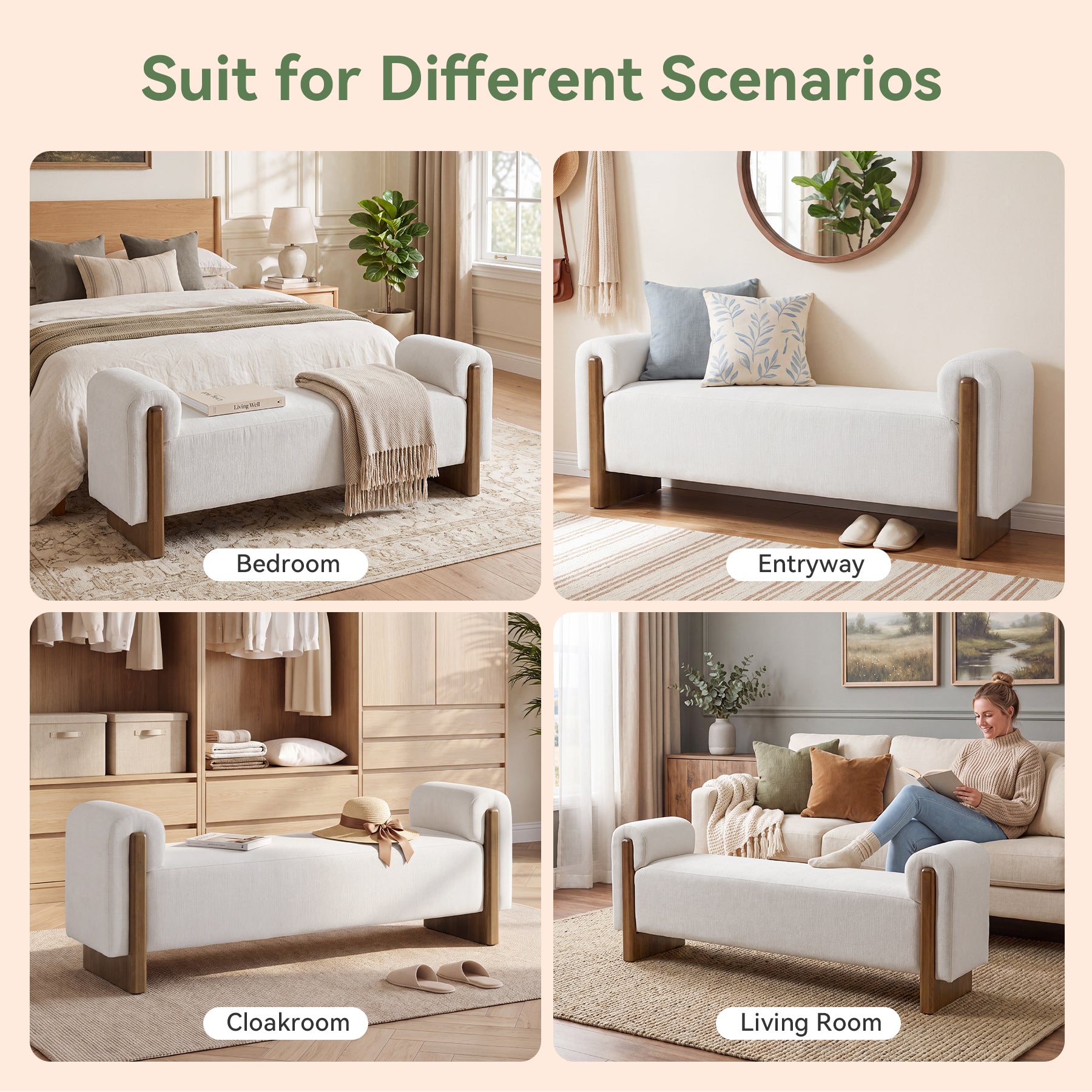 55" End of Bed Bench with Arms, Modern Upholstered Bedroom Bench, Solid Wood Base