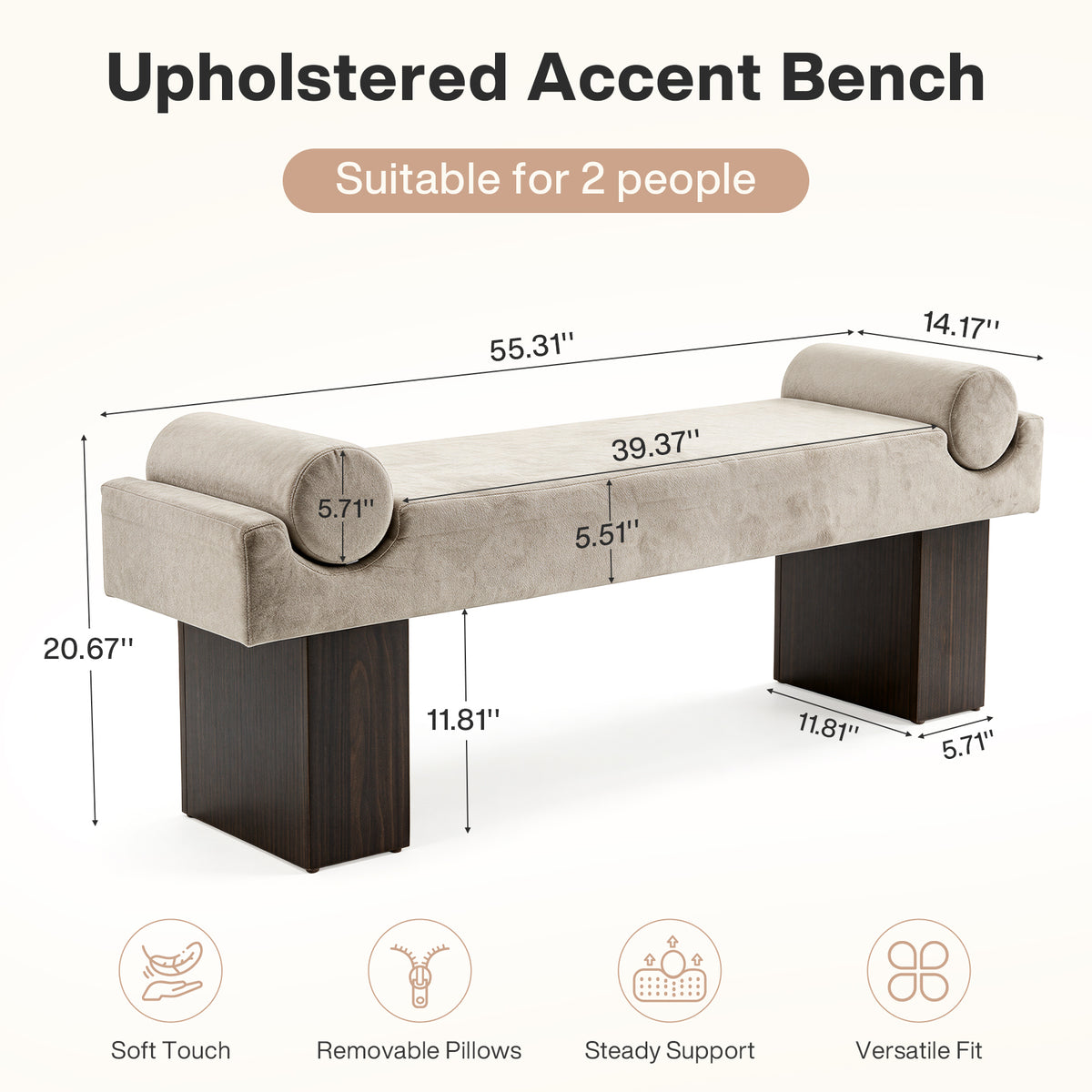 55.3" Upholstered Dining Bench, Modern Kitchen Bench with Roll Arms