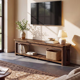 71 Inch Solid Wood TV Stand with Open Storage Shelf, Farmhouse Media Console for Living Room 3