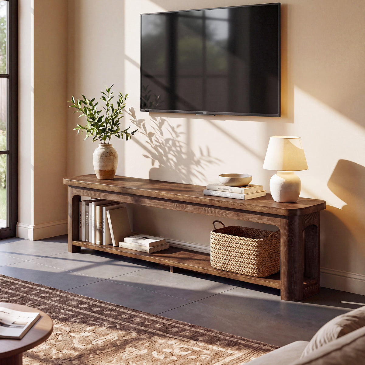 71 Inch Solid Wood TV Stand with Open Storage Shelf, Farmhouse Media Console for Living Room