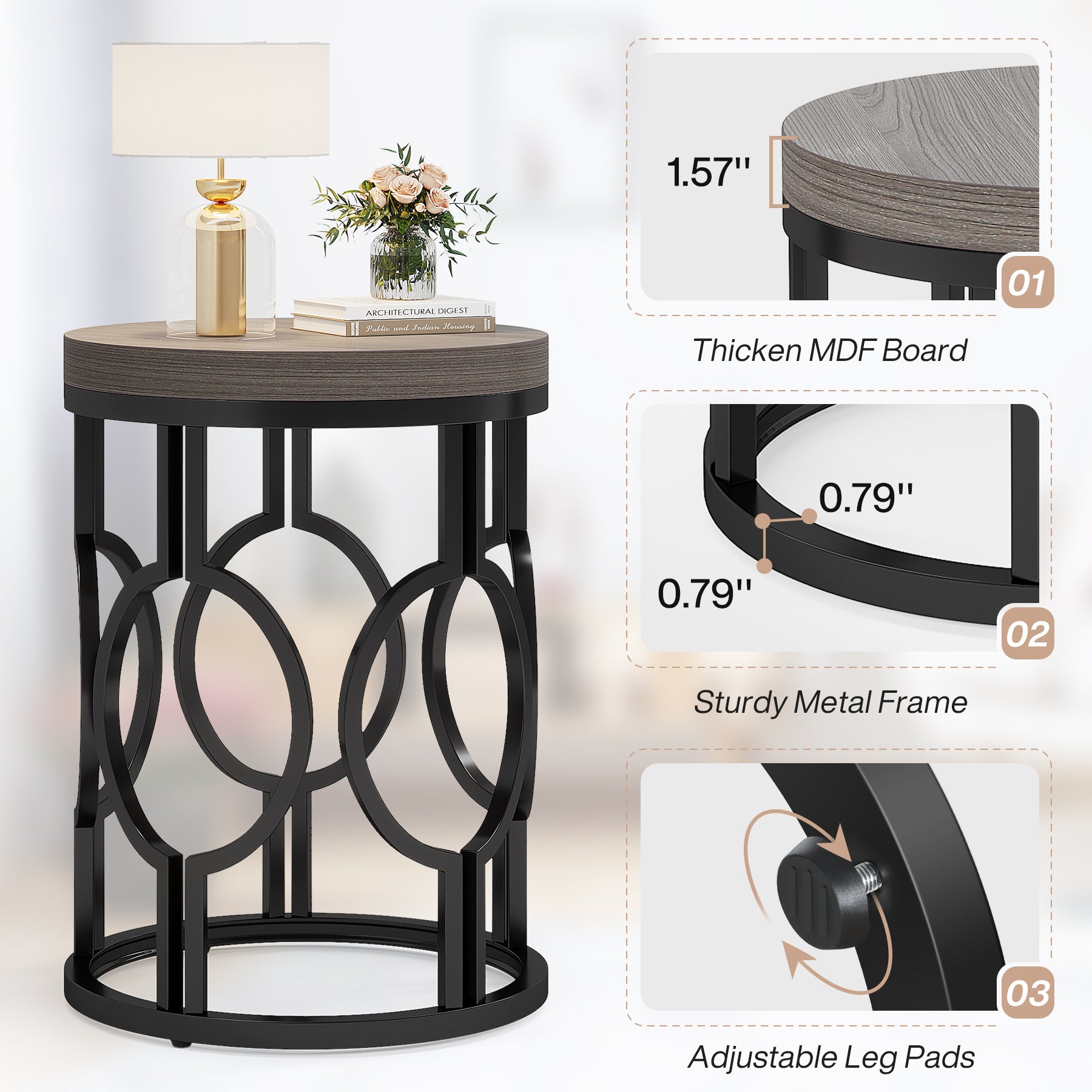 Small Round End Table, Industrial Metal Frame Side Table for Living Room & Bedroom