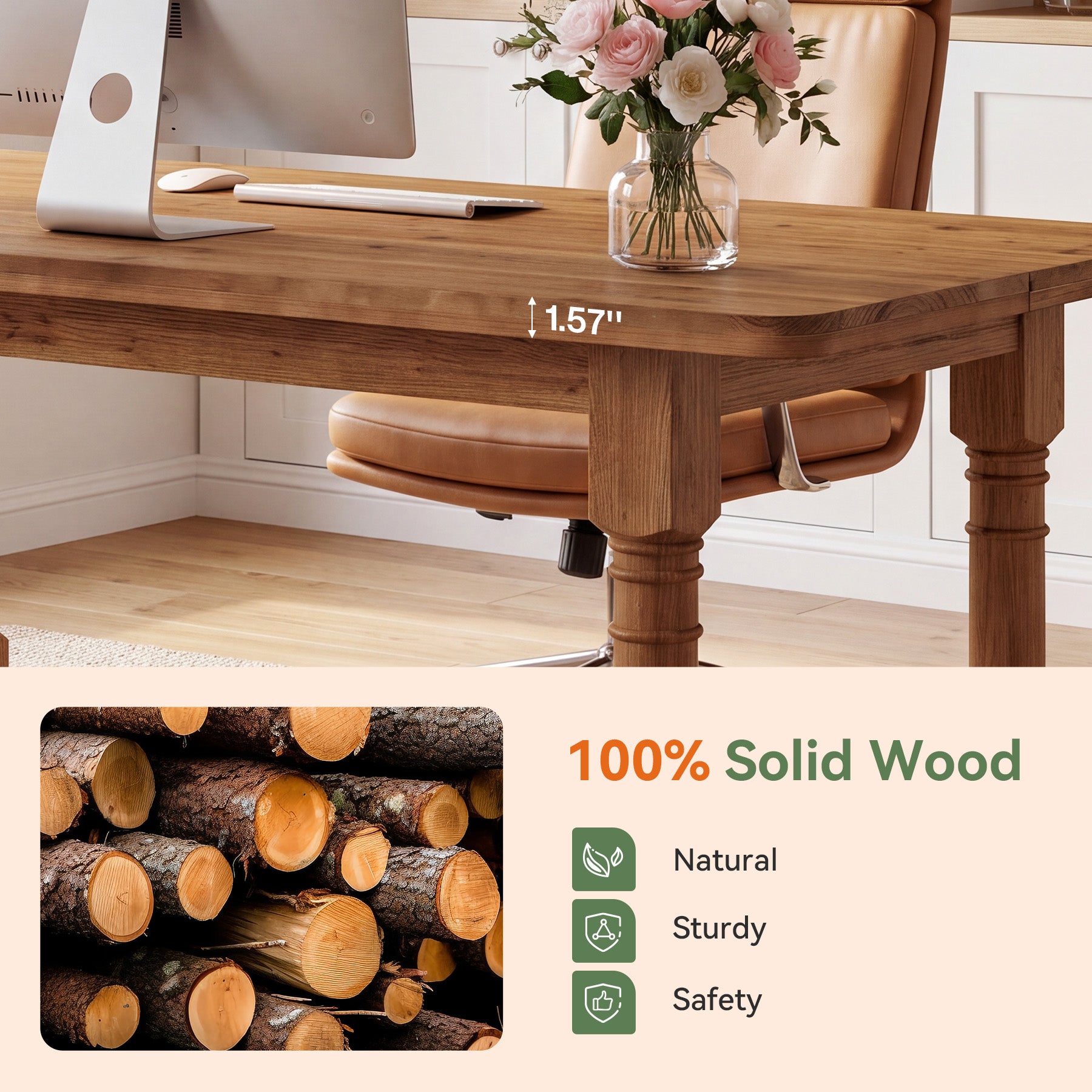 Solid Wood Executive Desk, 63" Rectangular Computer Desk with Trestle Base for Home Office