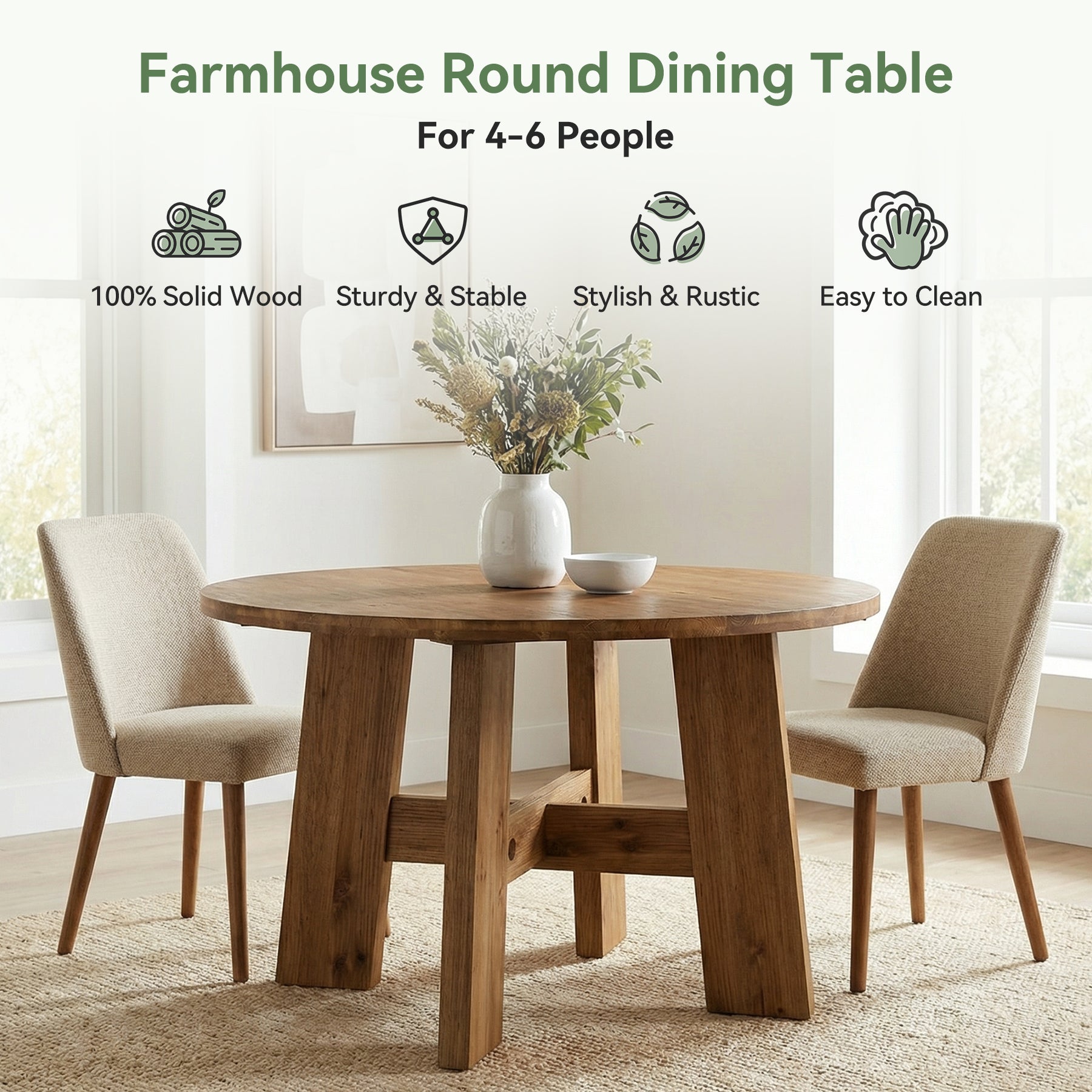 Tribesigns 47-Inch Solid Wood Round Dining Table, Farmhouse Kitchen Table for 4-6 People