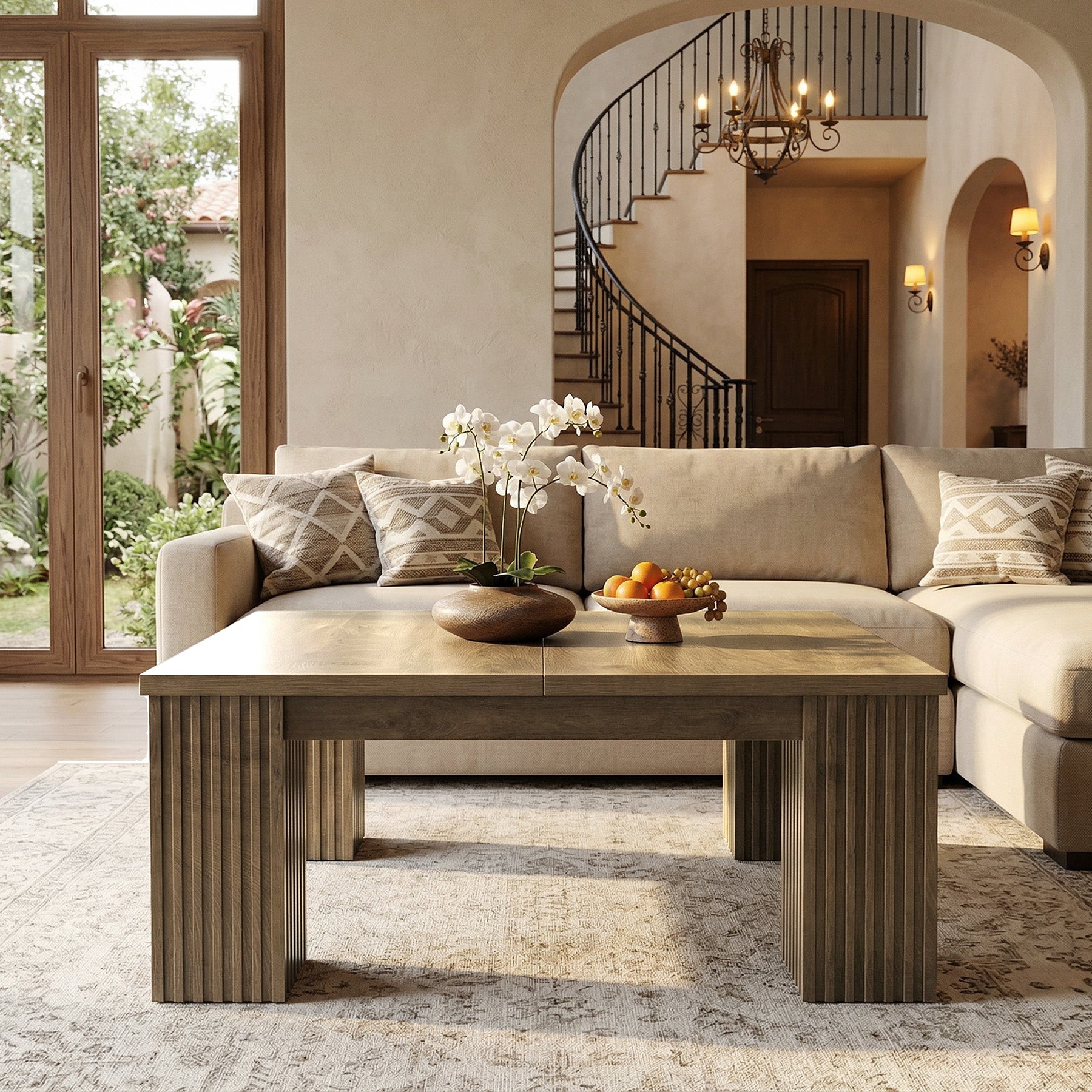 39" Square Coffee Table, Farmhouse Center Table with Fluted Legs