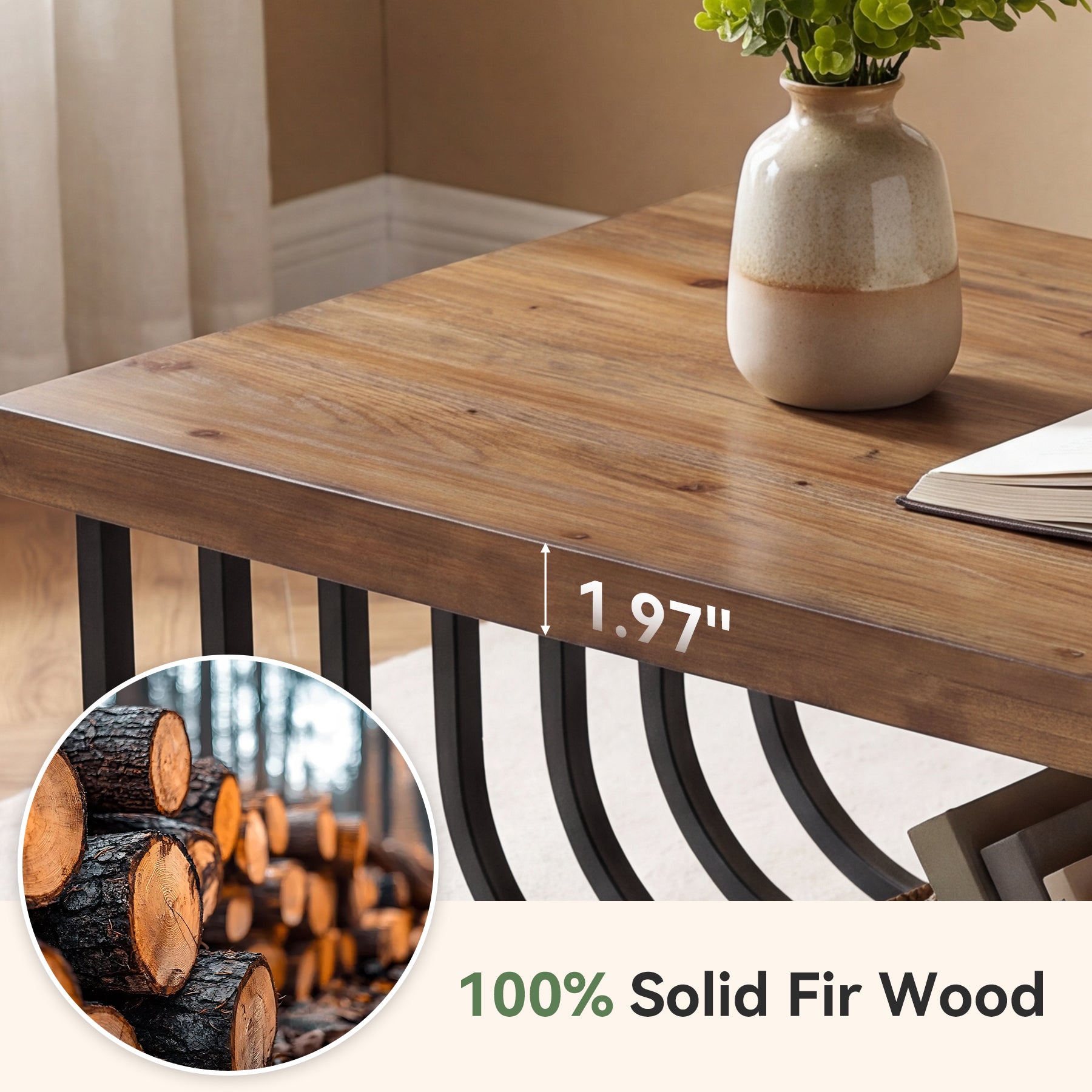47" Solid Wood Coffee Table, Rectangle Center Table with 2-Tier Storage & Metal Frame