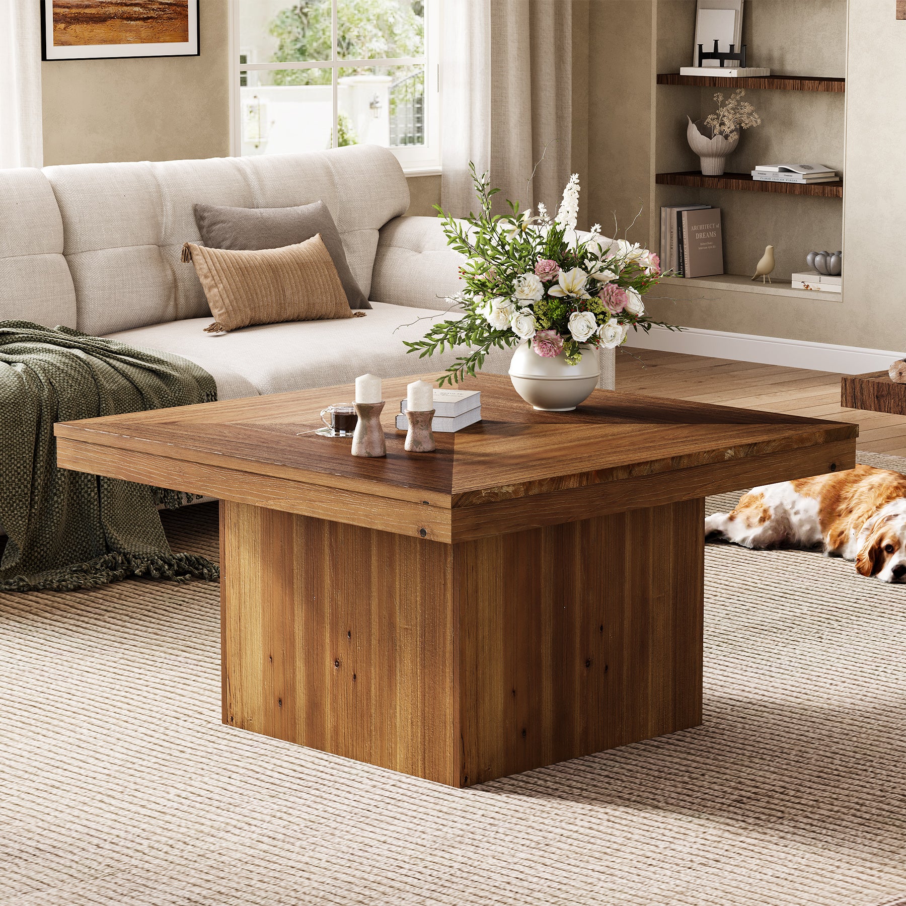 35.4" Wood Coffee Table, Modern Square Center Cocktail Table