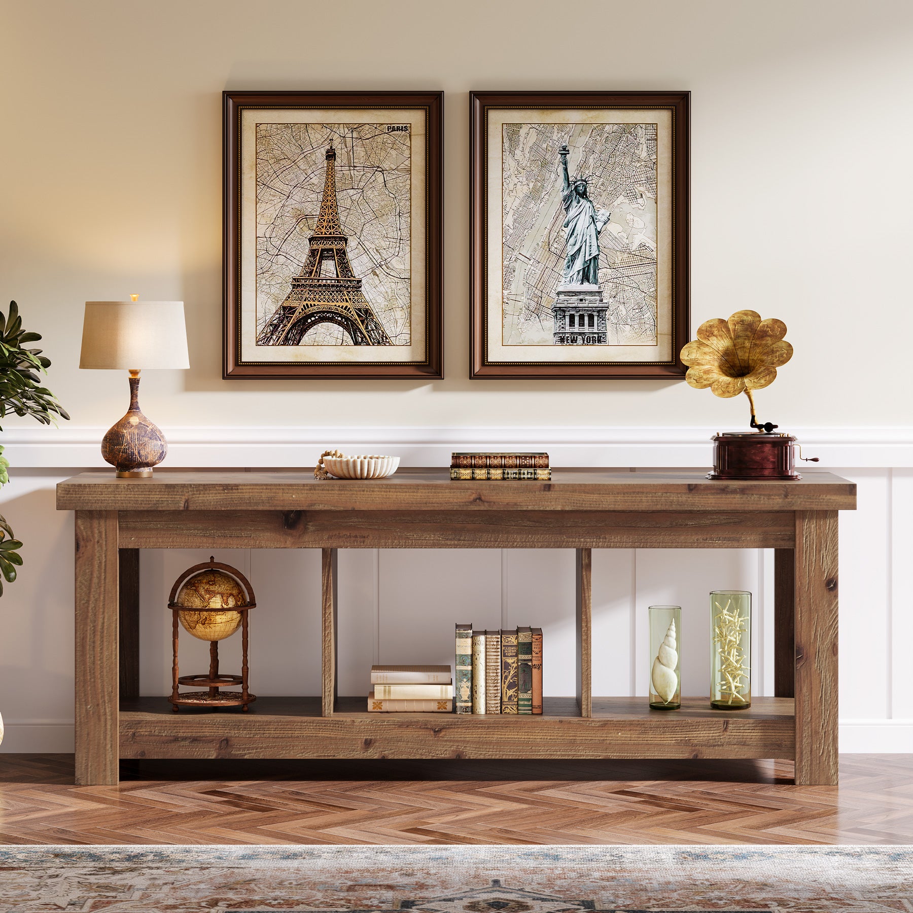 Solid Wood Console Table, 63" Sofa Entryway Table With 3 Open Shelves - Thumbnail 4