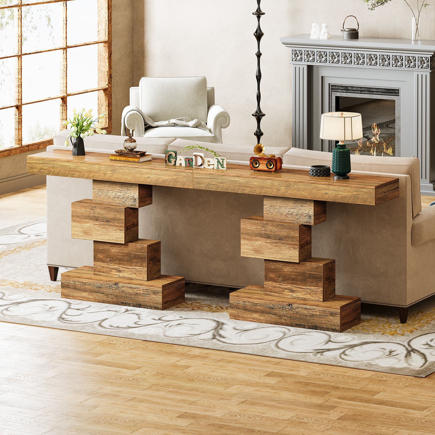 42.5" Rustic Brown Farmhouse Console, Industrial Geometric Sofa Table for Hallway Entrance