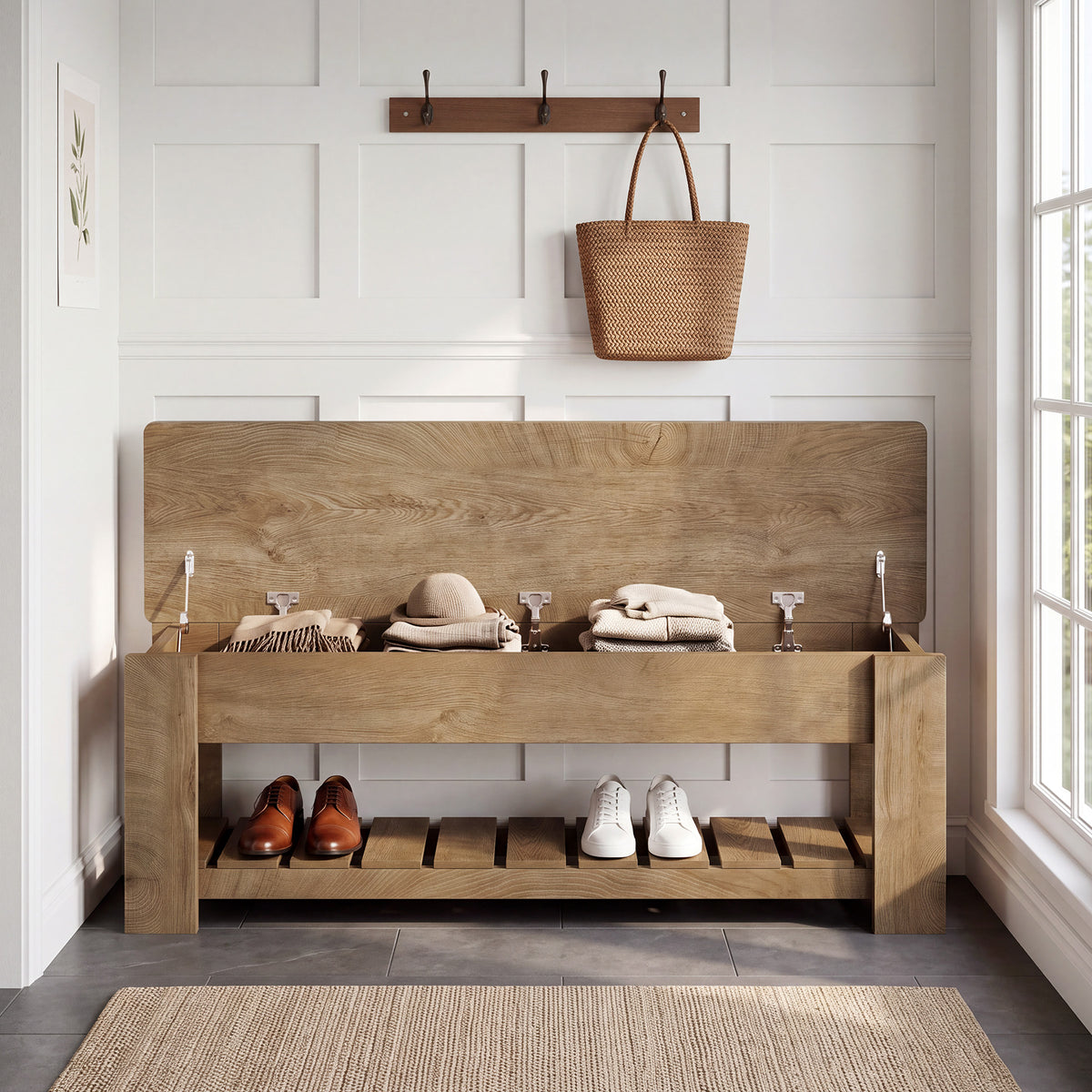 55.12" Lift Top Entryway Bench with Shoe Rack and Hidden Storage