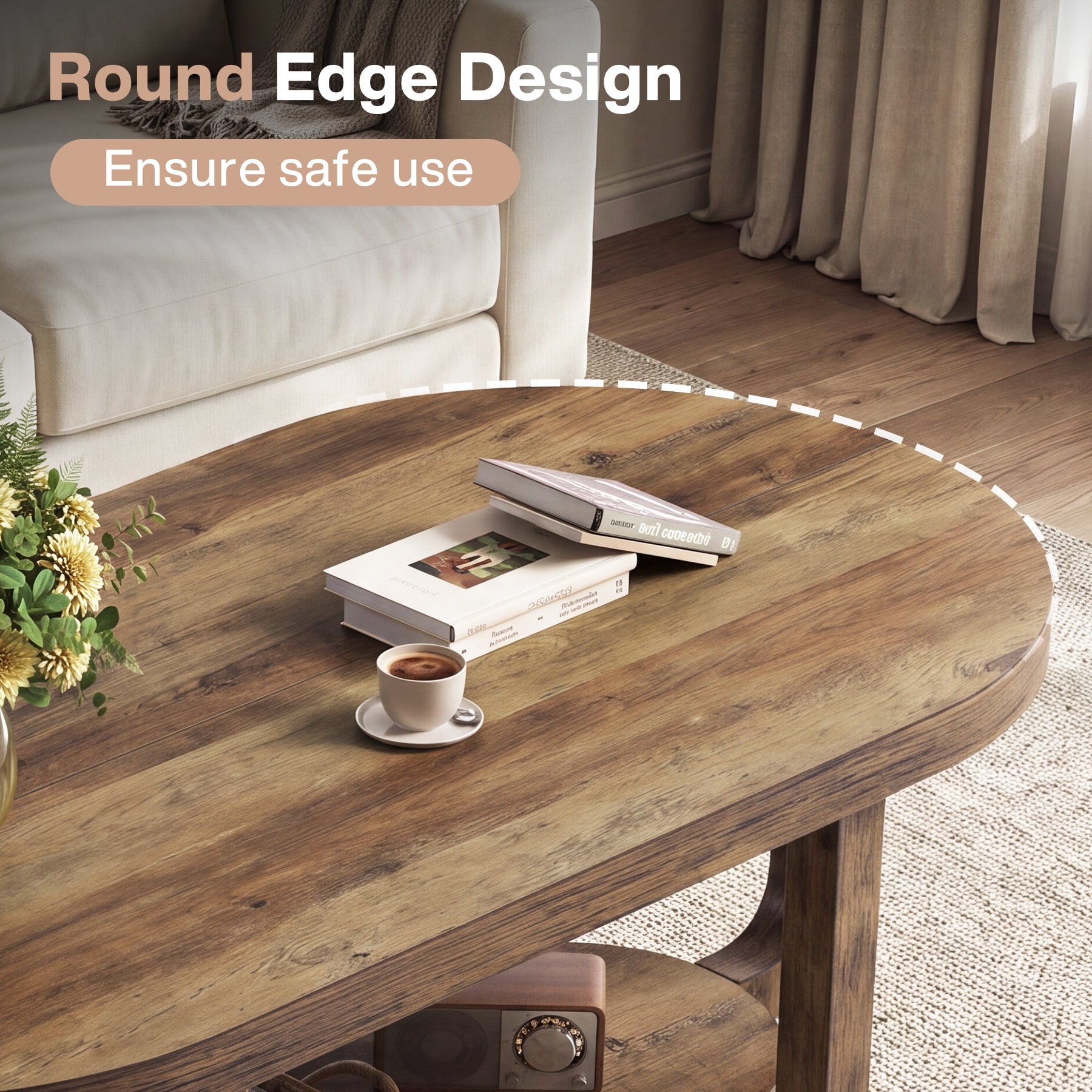 55-Inch Oval Coffee Table with 2-Tier Storage, Curved Leg Design for Living Room