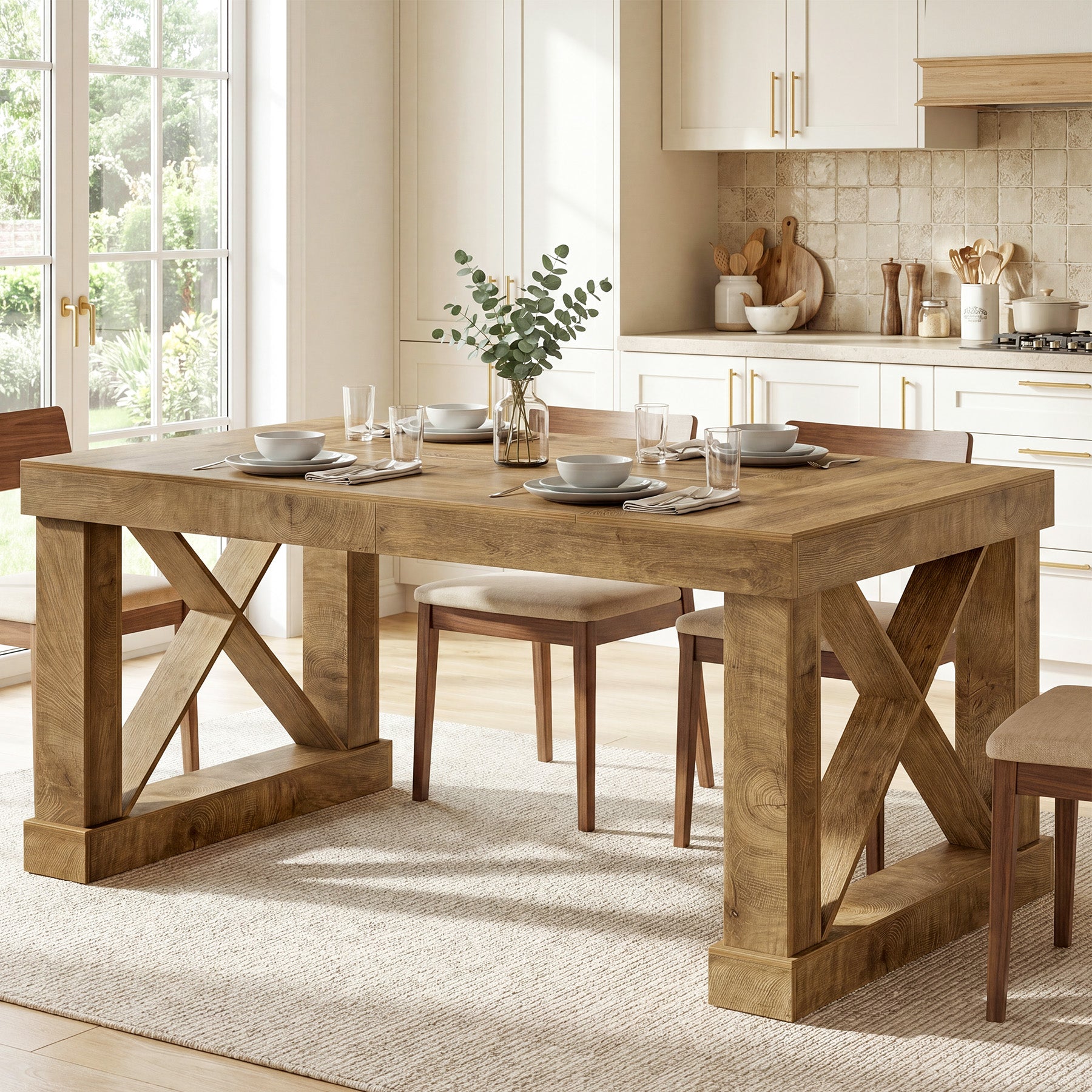 63" Farmhouse Dining Table for 4-6 People, Rectangular Wood Kitchen Table with Heavy-Duty X Legs