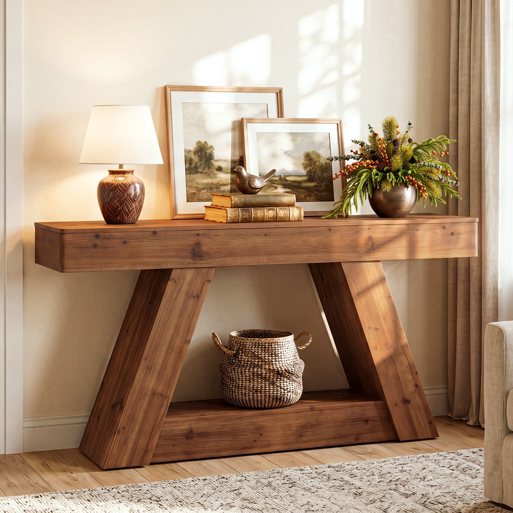 63” Solid Wood Console Table, Farmhouse Sofa Table Behind Couch with 2-Tier Storage for Hallway