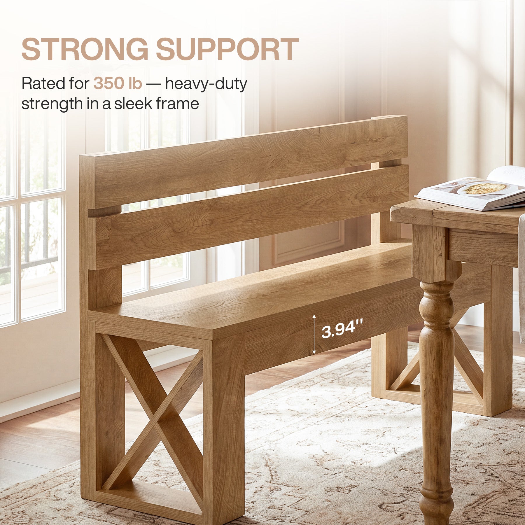 47" Dining Bench with Back, Farmhouse Kitchen Bench, X-Brace, Dining Room
