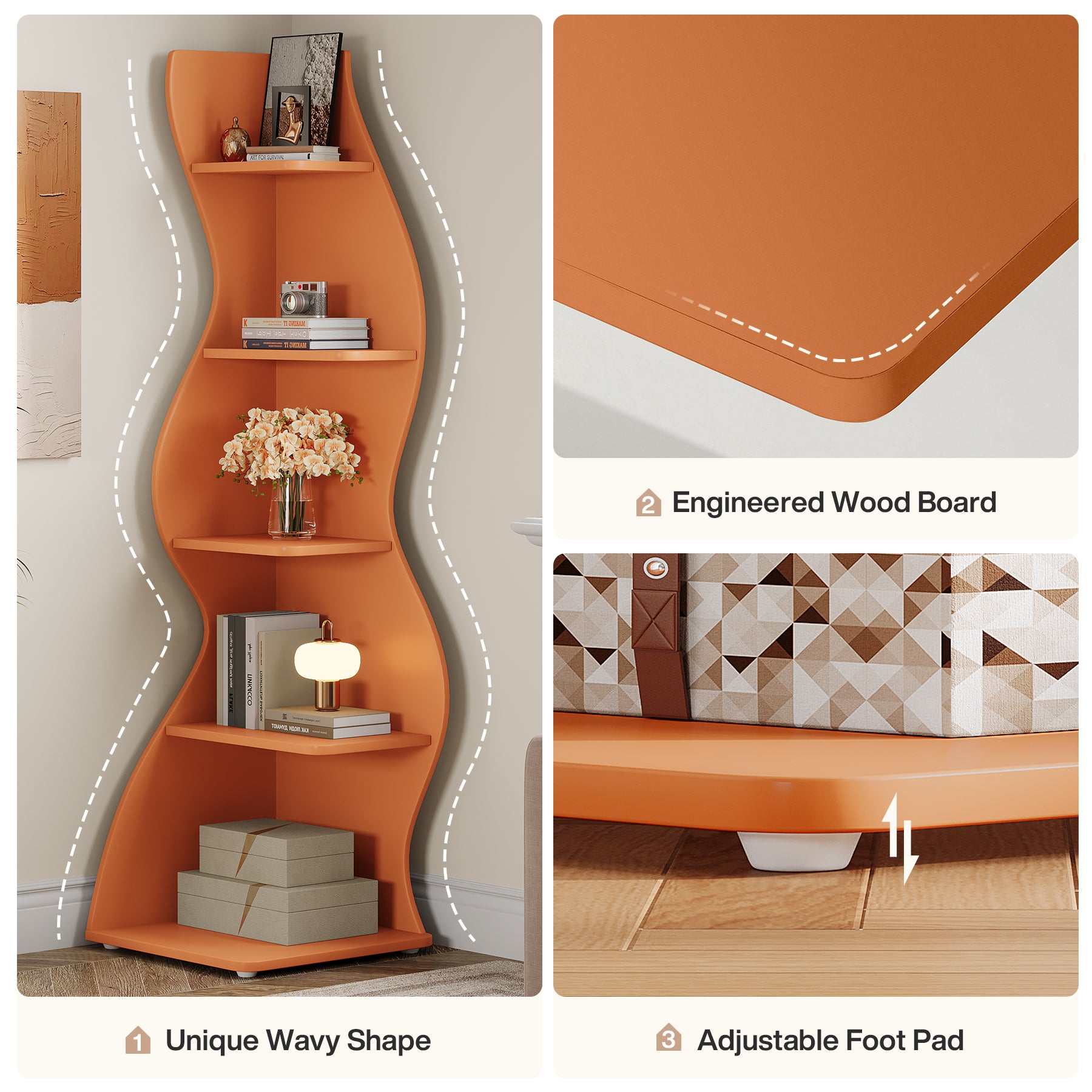 5-Tier Corner Bookcase, Rustic Freestanding Corner Shelf for Small Spaces