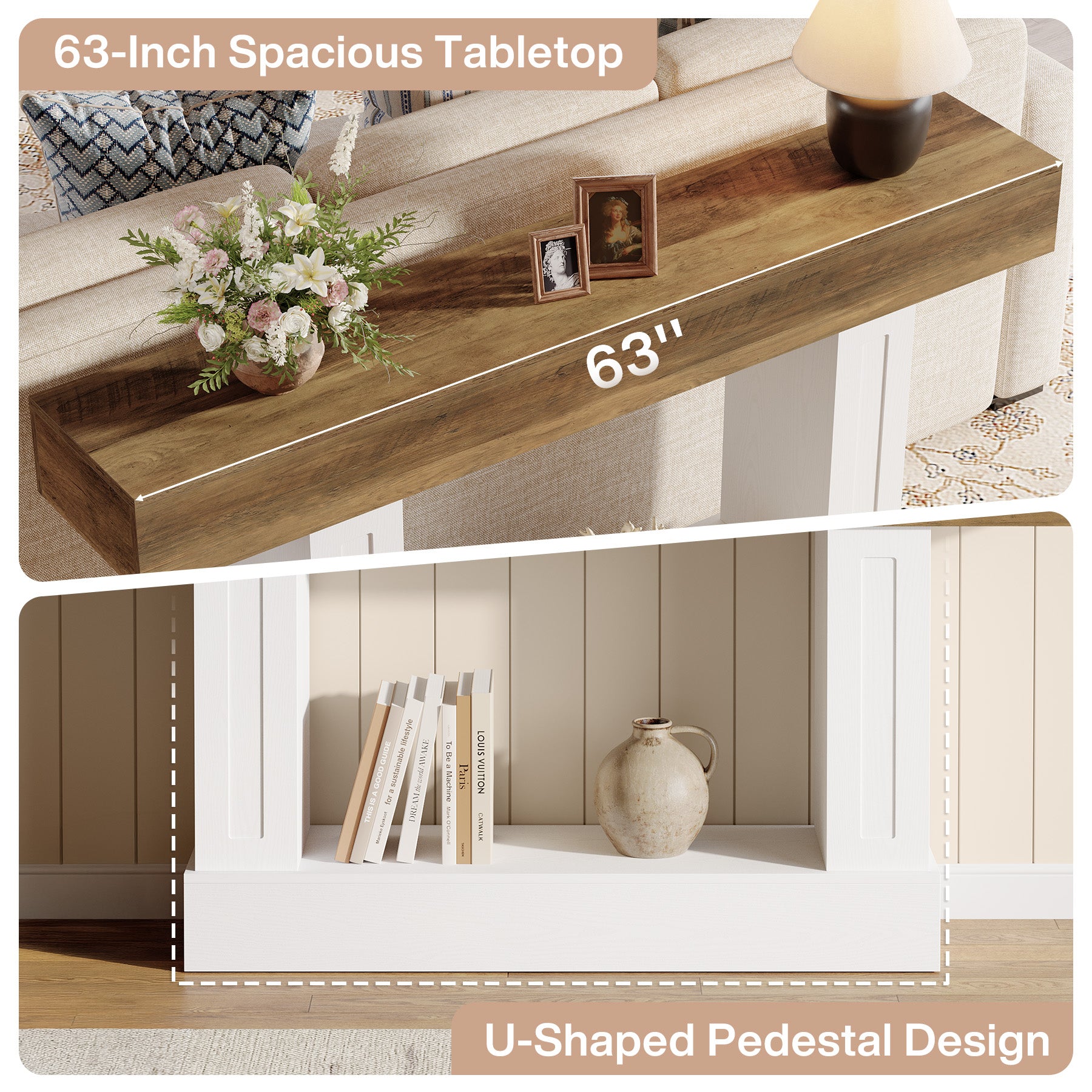 63" Console Table, Farmhouse 2-Tier Sofa Table for Living Room & Hallway