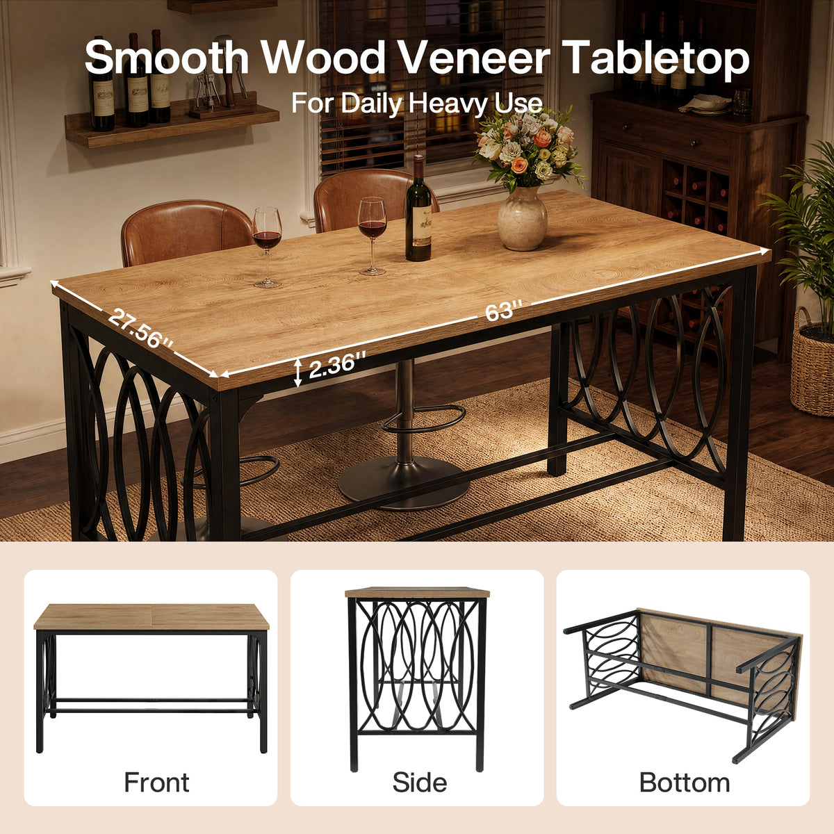 63" Industrial Bar Height Dining Table, Metal Footrest & Decorative Frame, Rectangular Pub Table(Only Table)
