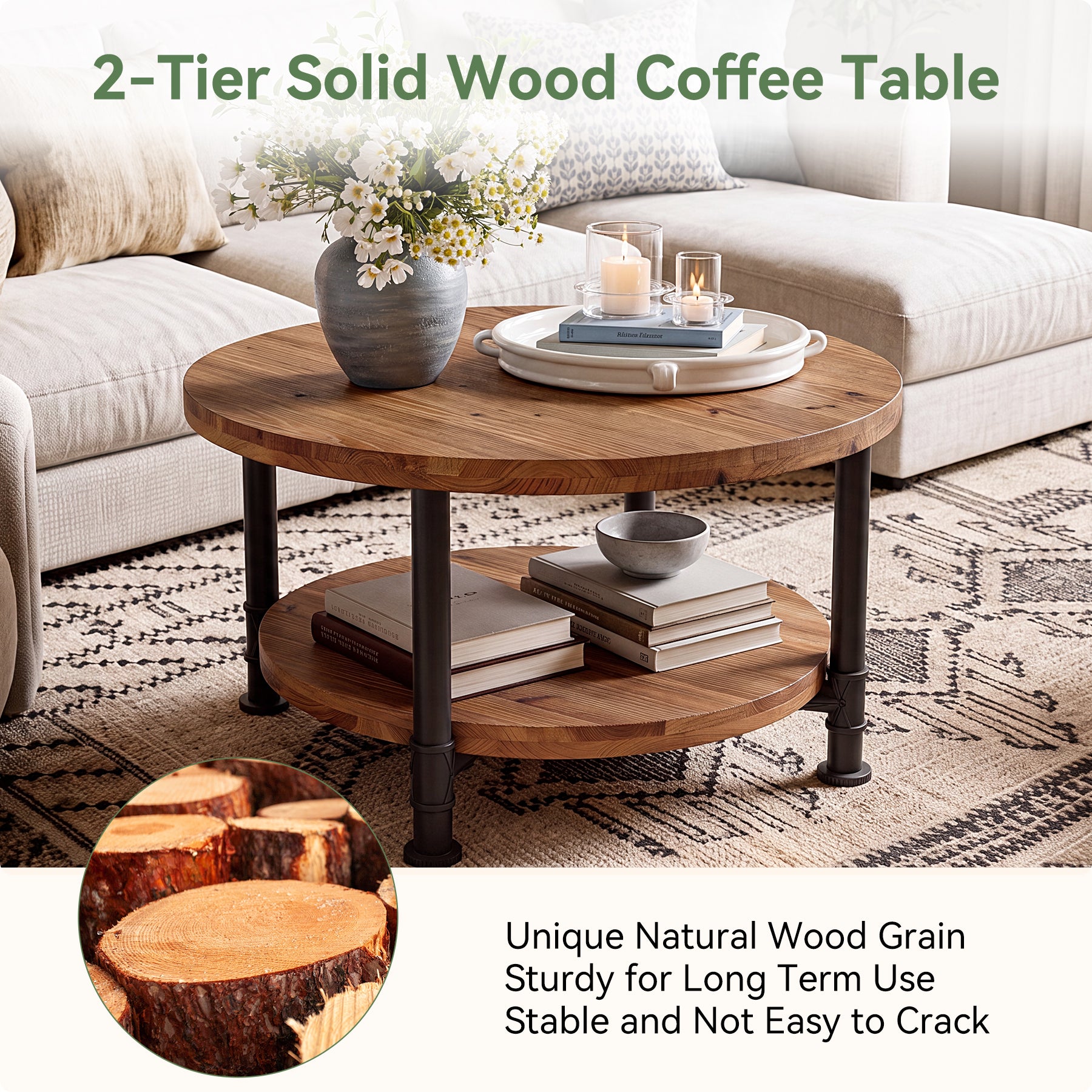 Solid Wood Round Coffee Table, 31.5" Circle Center Table with Storage Shelf & Metal Frame