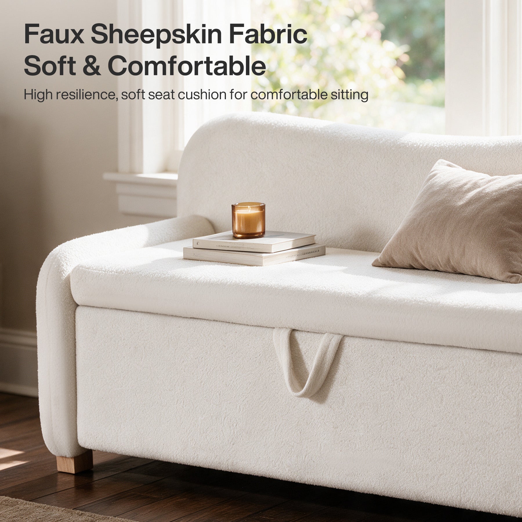 55" Faux Sheepskin Ottoman Bench, White Backrest Storage, End of Bed Bedroom