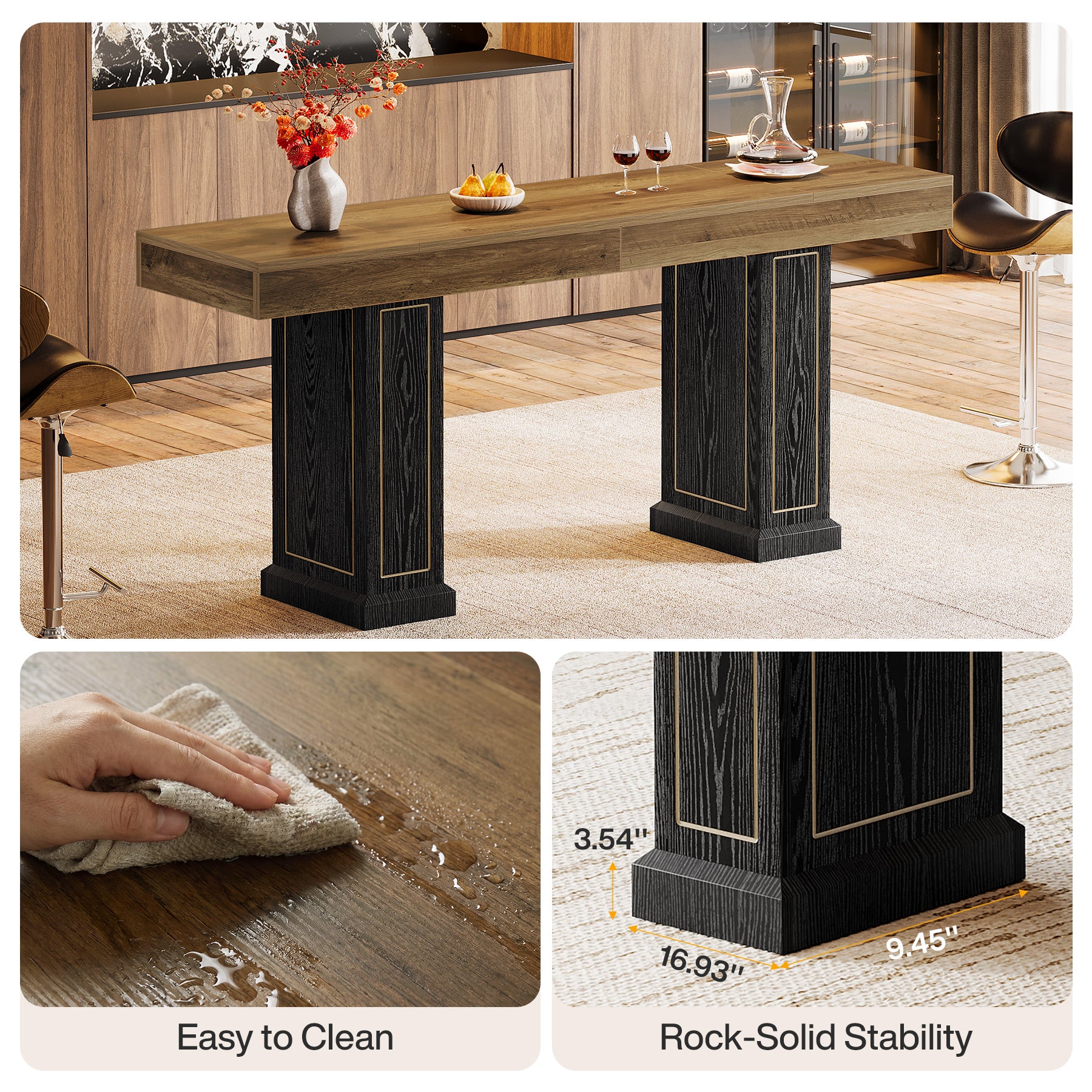 71" Counter Height Bar Table for 6-8 People, Rustic Pub Table with Dual Pedestal Base & Gold Accents