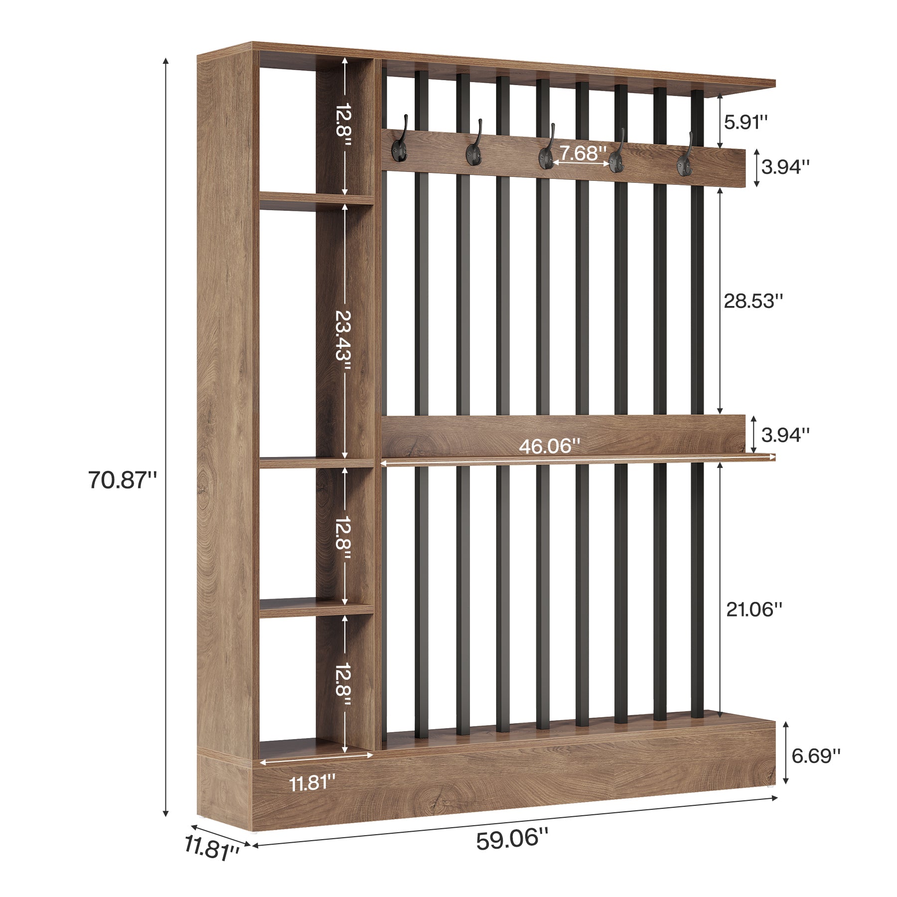 71" Wall Room Divider, Modern  Room Partition with Shelves & Coat Hooks for Entryway