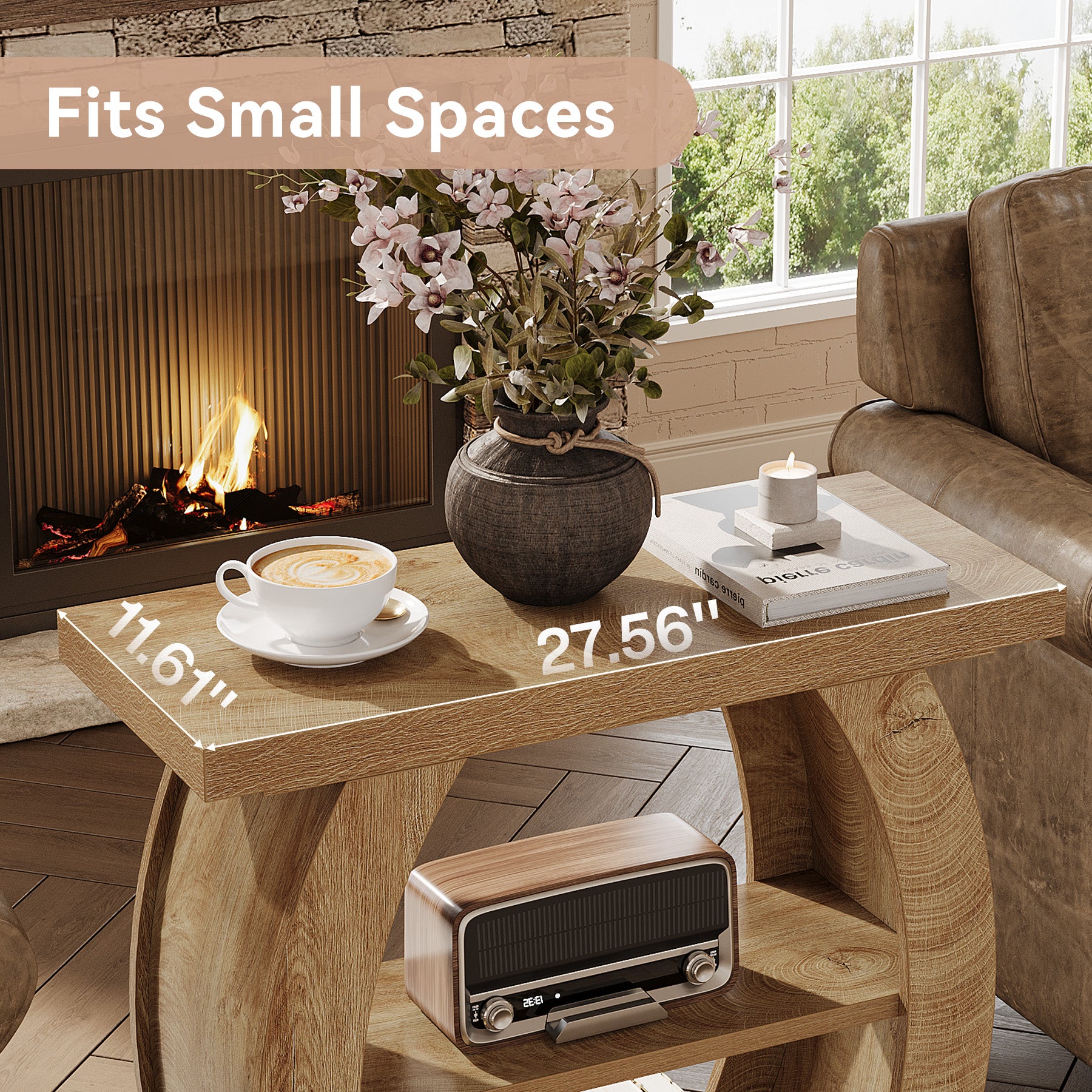 Narrow End Table, 2-Tier Farmhouse Side Table with Curved Frame