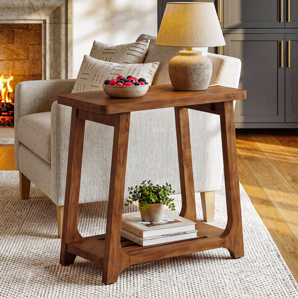 Narrow Solid Pine Wood Side Table, 2-Tier Rectangular End Table with Storage