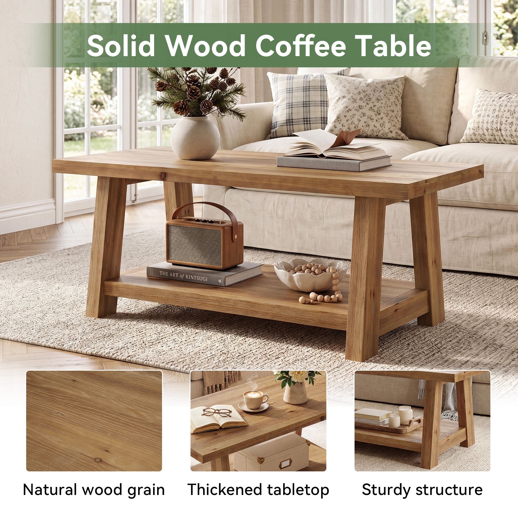 Solid Wood Coffee Table, 2-Tier Rectangle Center Table with Lower Storage Shelf