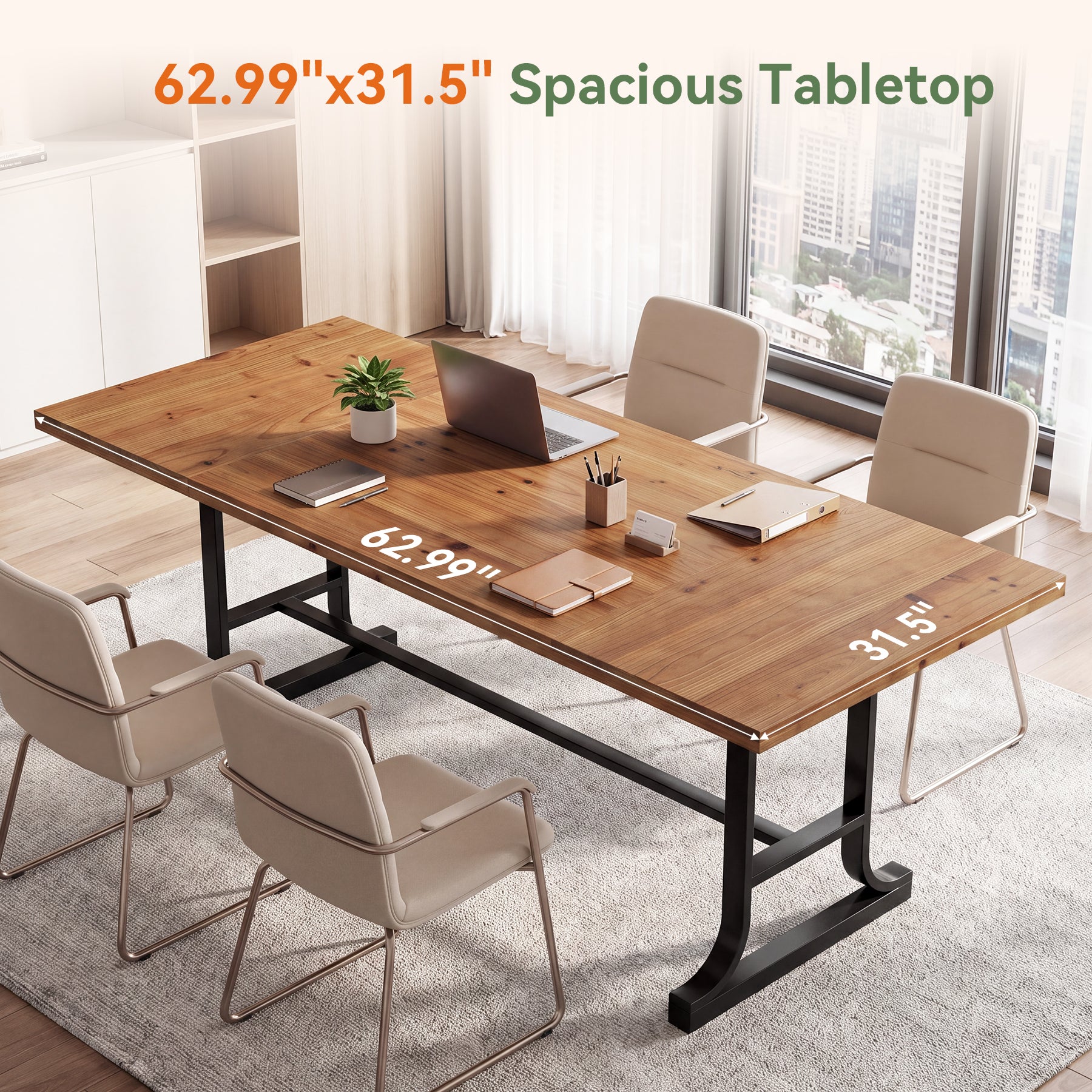 63" Solid Wood Executive Desk with Metal Legs, Farmhouse Home Office Computer Desk