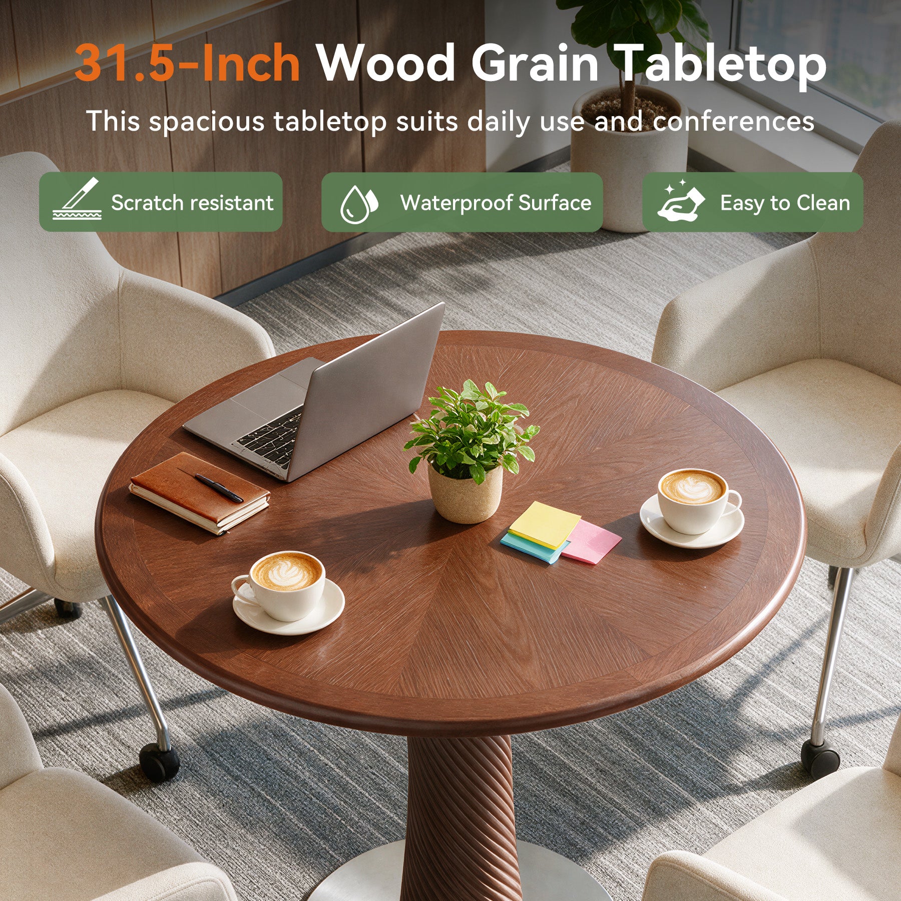 31.5” Solid Wood Conference Table, Round Meeting Table with Hourglass Pedestal for Home Office