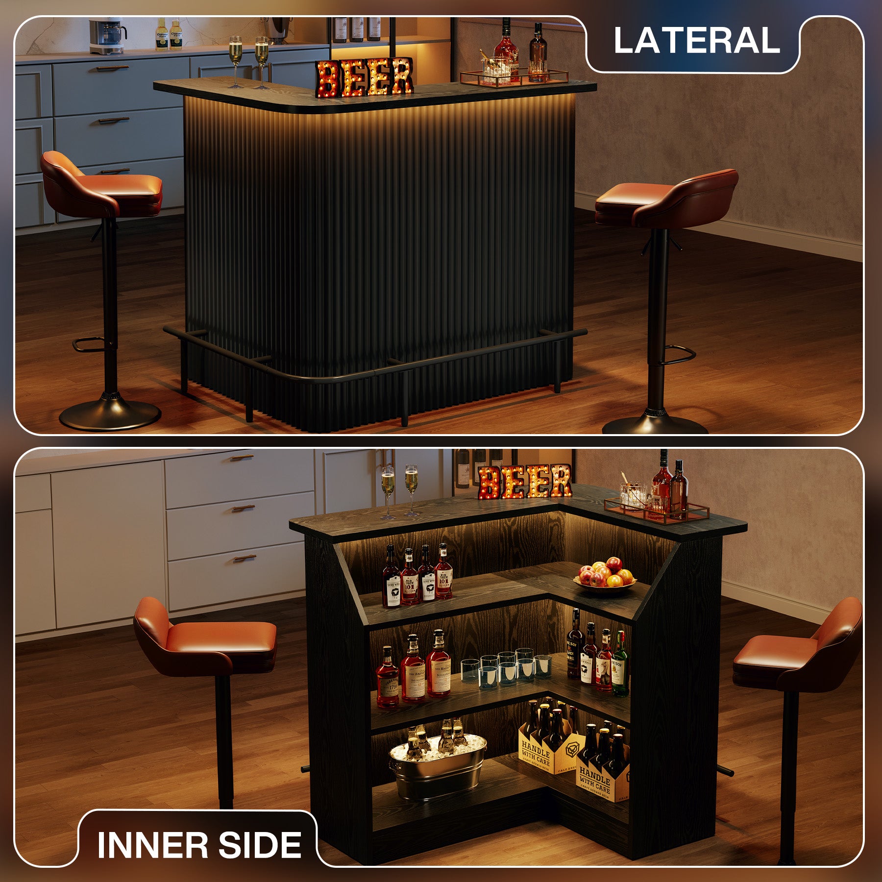 L-Shaped Home Bar Unit, 4-Tier Fluted Bar Table with Storage Shelves