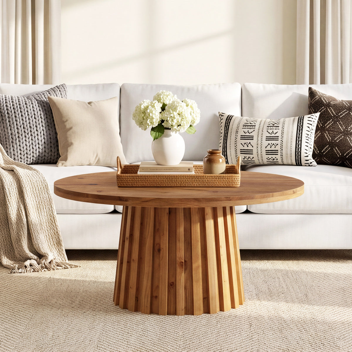 32" Round Fluted Coffee Table, Farmhouse Solid Wood Living Room, Circle Center Tea Table