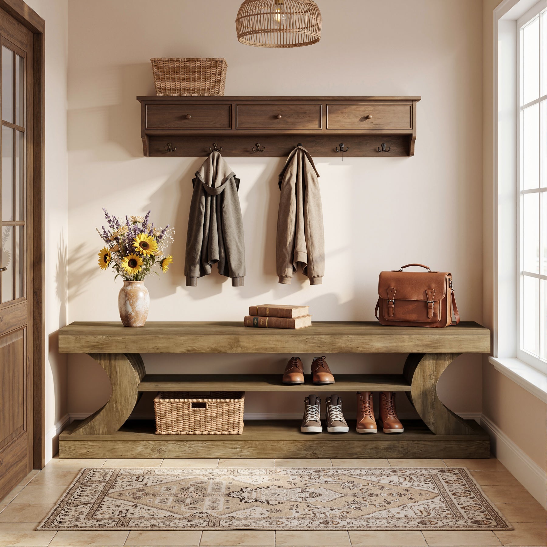 63" Entryway Bench, Wooden 3-Tier End of Bed Bench with Open Storage