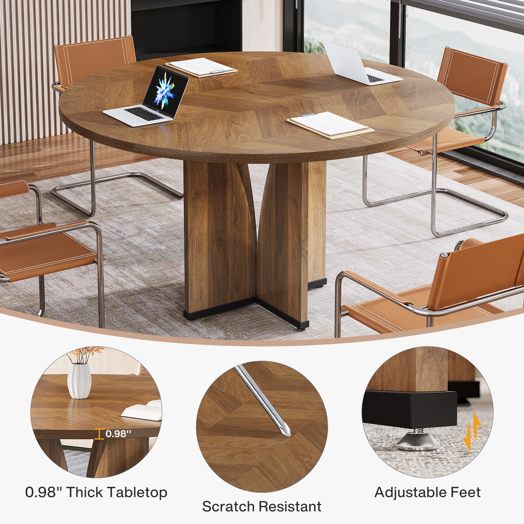 39" Round Conference Table for 4, Modern Meeting Table with Sturdy Base