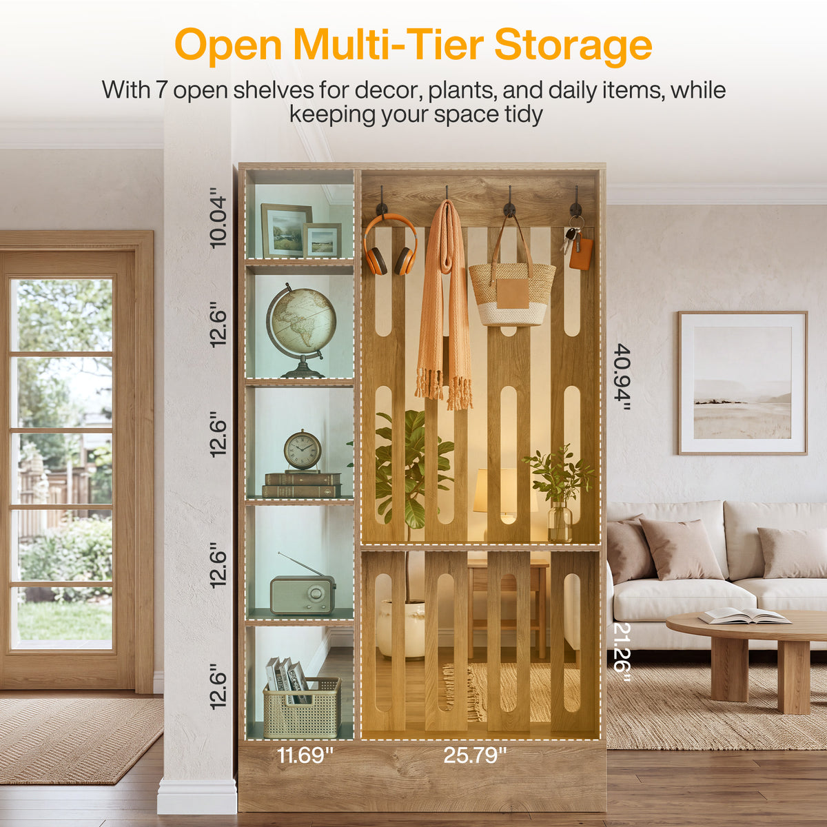 71" Room Divider with Shelves, 5-Cube & 4 Hooks, Freestanding Modern Wall Partition
