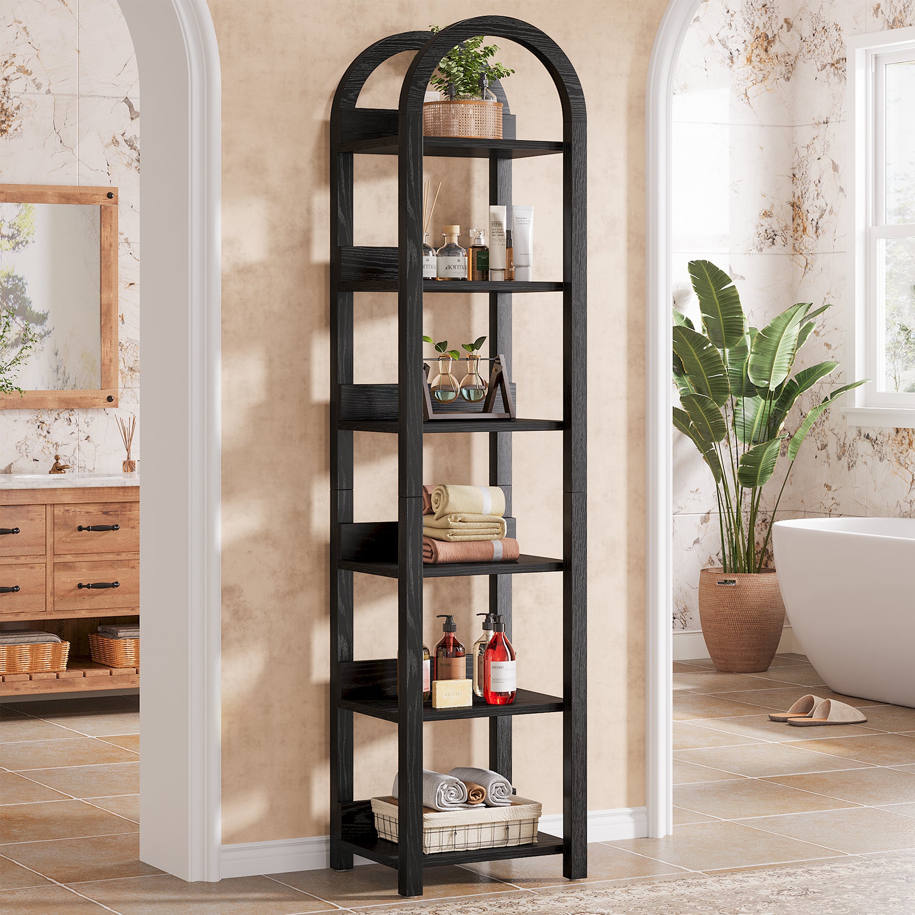 71" Tall and Narrow Bookshelf, 6-Tier Arched Bookcase Open Storage Rack