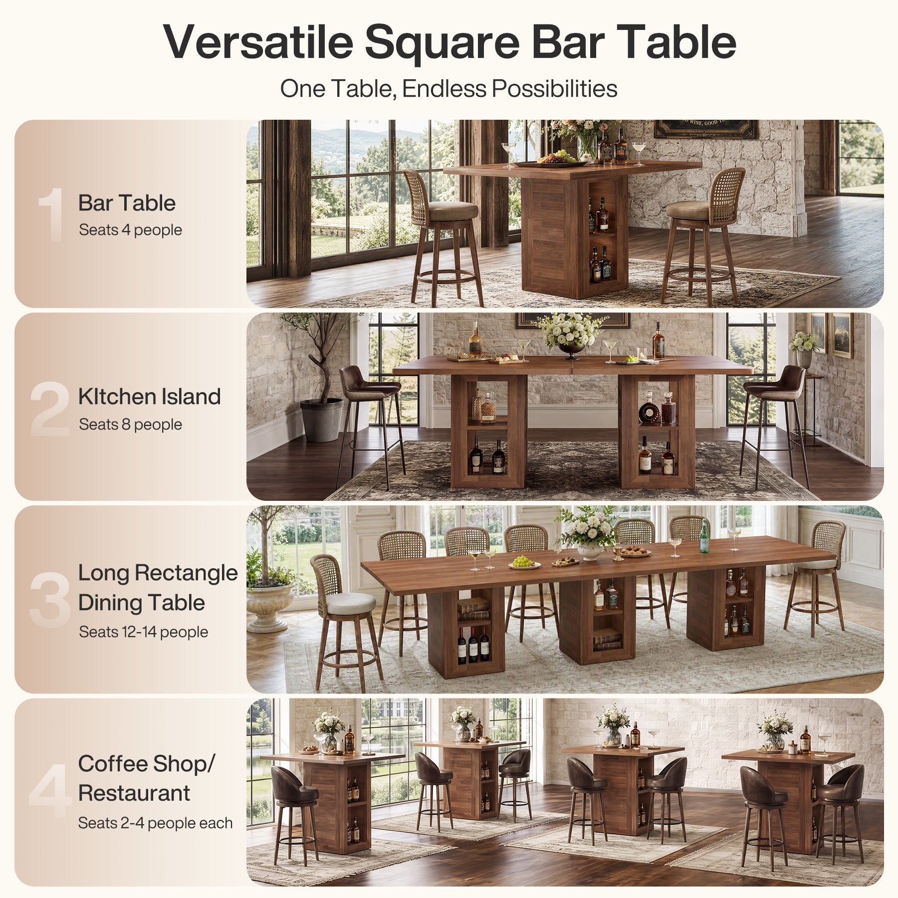 47" Square Counter Height Bar Table, Mid-Century Thick Pedestal Base, Storage, Pub Table