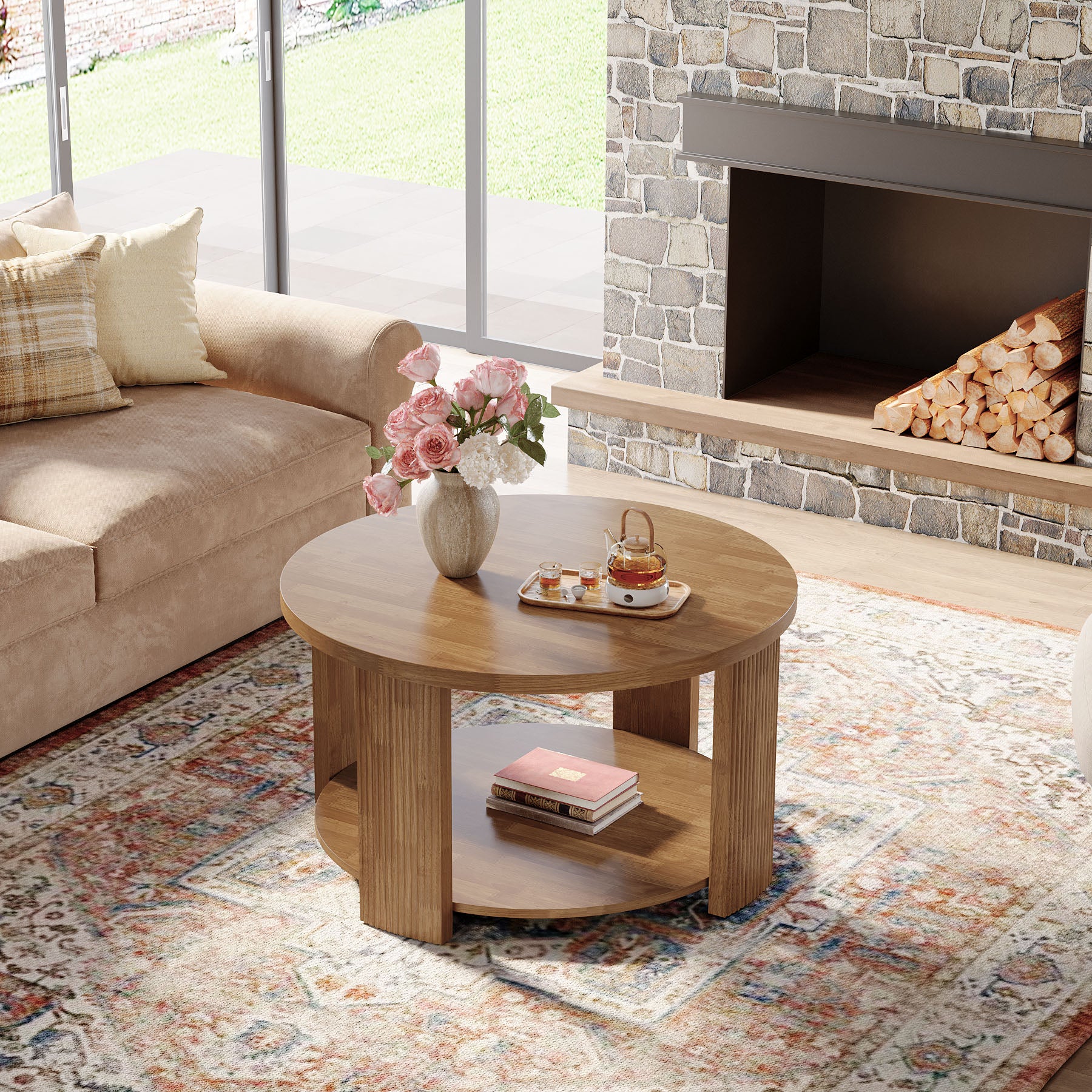 2-Tier Round Coffee Table, 31.5" Circle Accent Center Table with Thick Tabletop