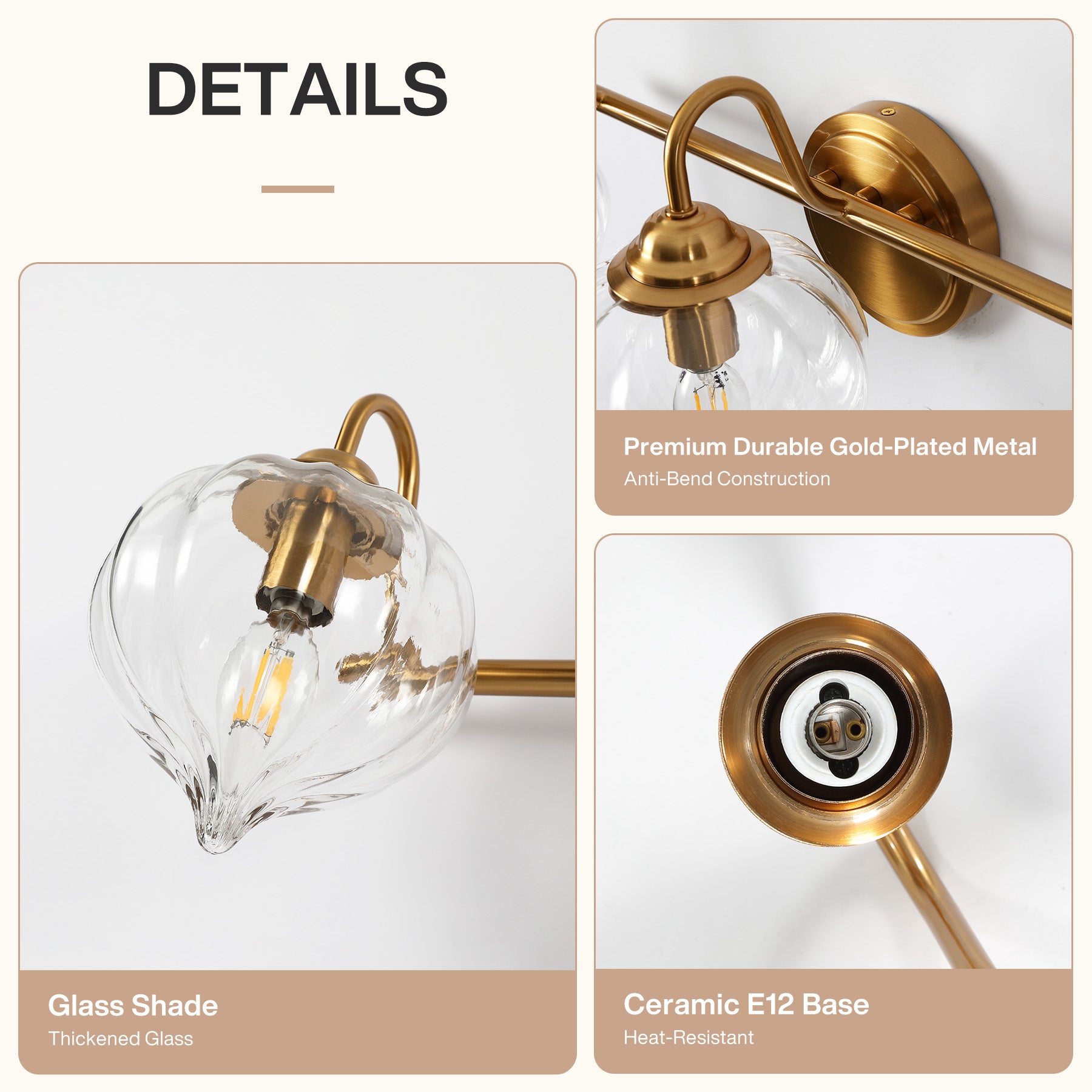 3-Light Bathroom Light Fixtures, Pumpkin Glass Vanity Light, Gold-Plated Metal