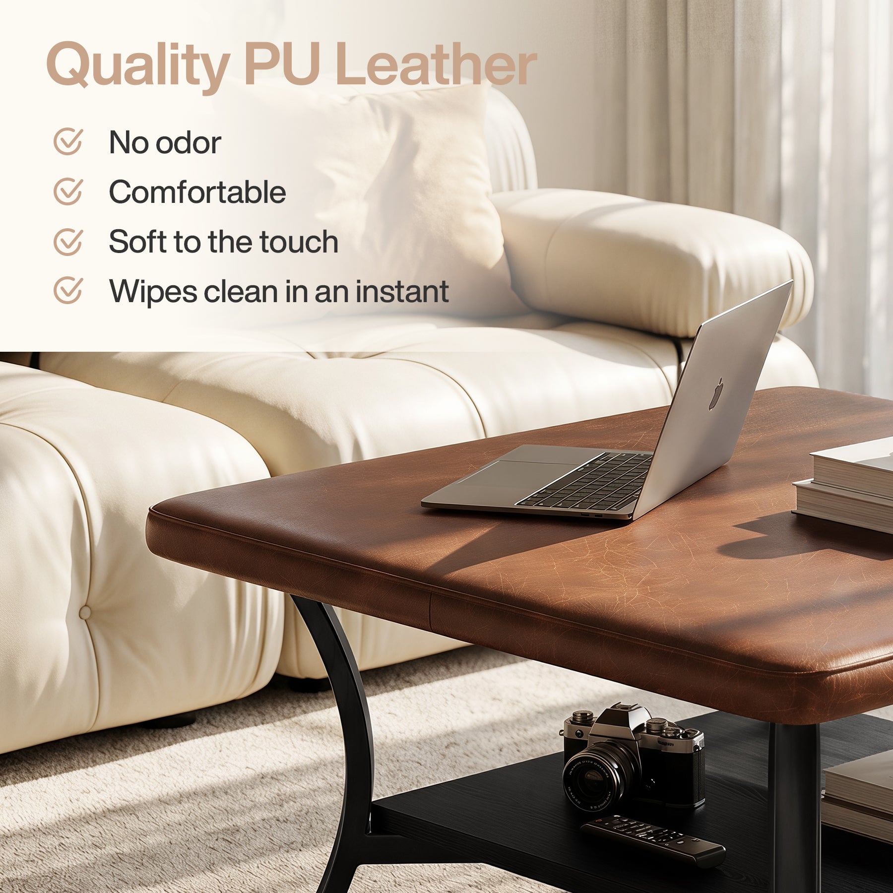 31.5" Square Coffee Table with Upholstered PU Leather Top, Modern Ottoman Coffee Table for Living Room