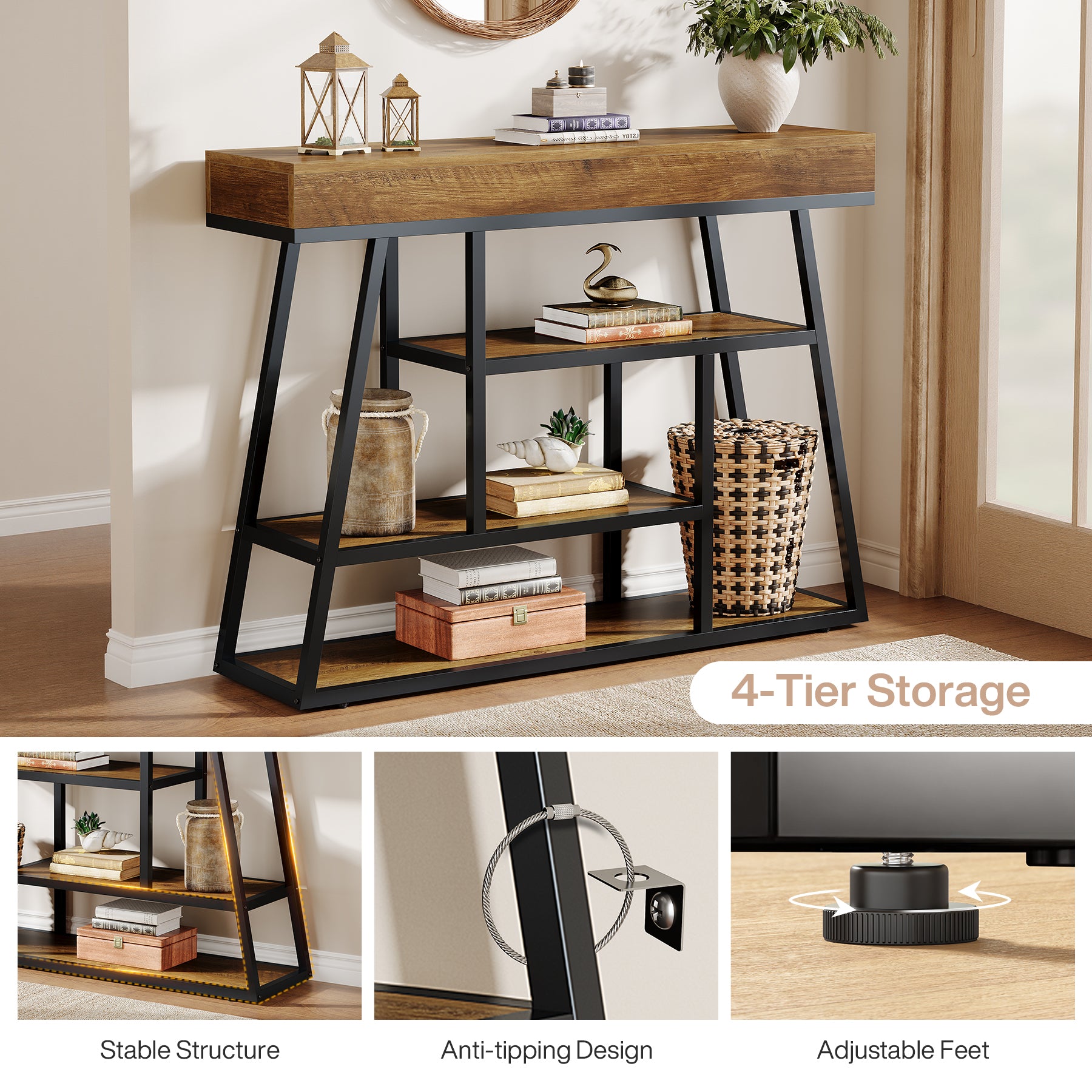 41.3" Console Table, Industrial Entryway Sofa Table with 4-Tier Shelves