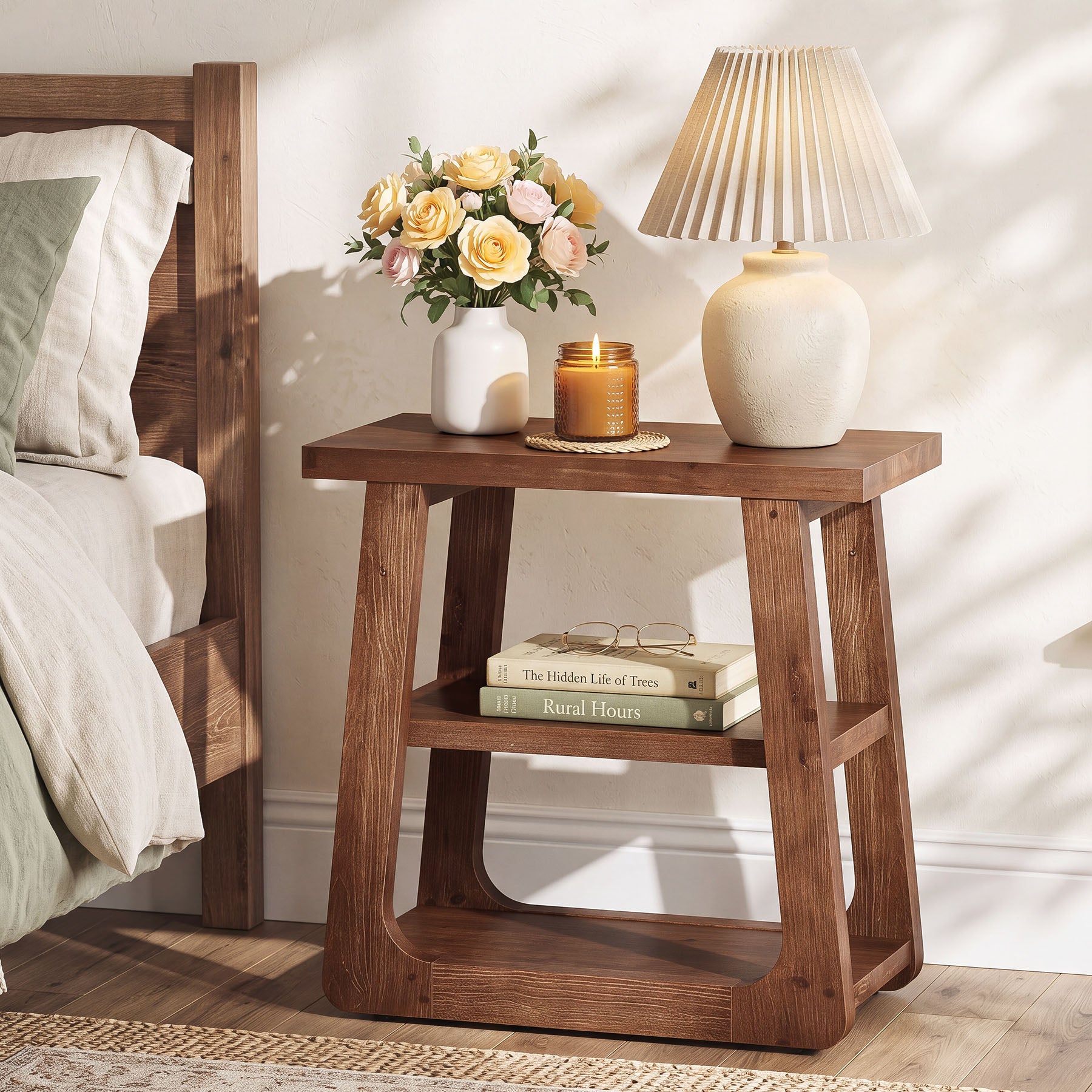 Solid Wood Side Table, Farmhouse End Table with 3-Tier Storage Shelves for Small Spaces