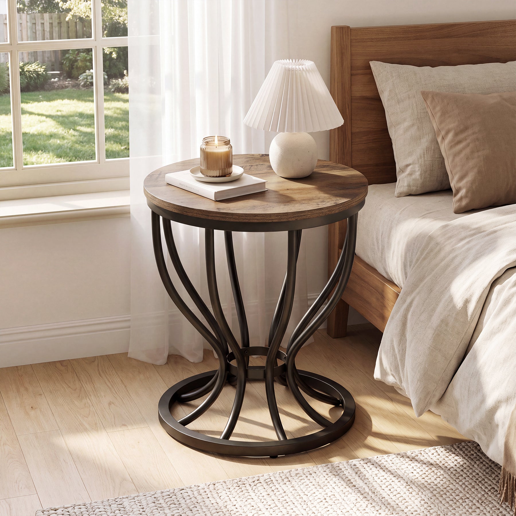 19.6" Round Side Table, Industrial End Table with Curved Metal Frame for Living Room
