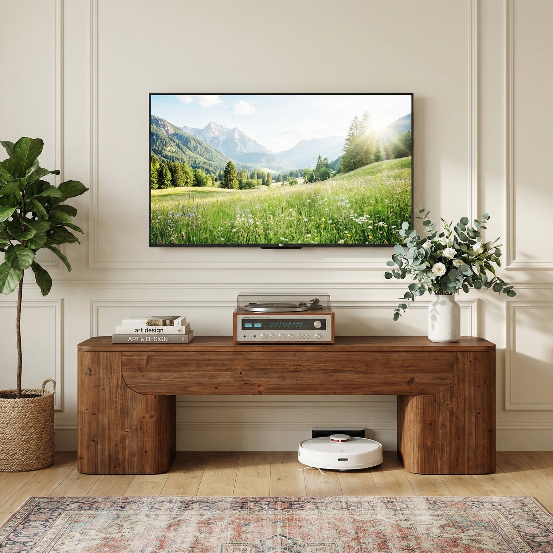 59" Solid Wood TV Stand, Heavy Duty Media TV Console for 55/60/65/75-Inch TVs
