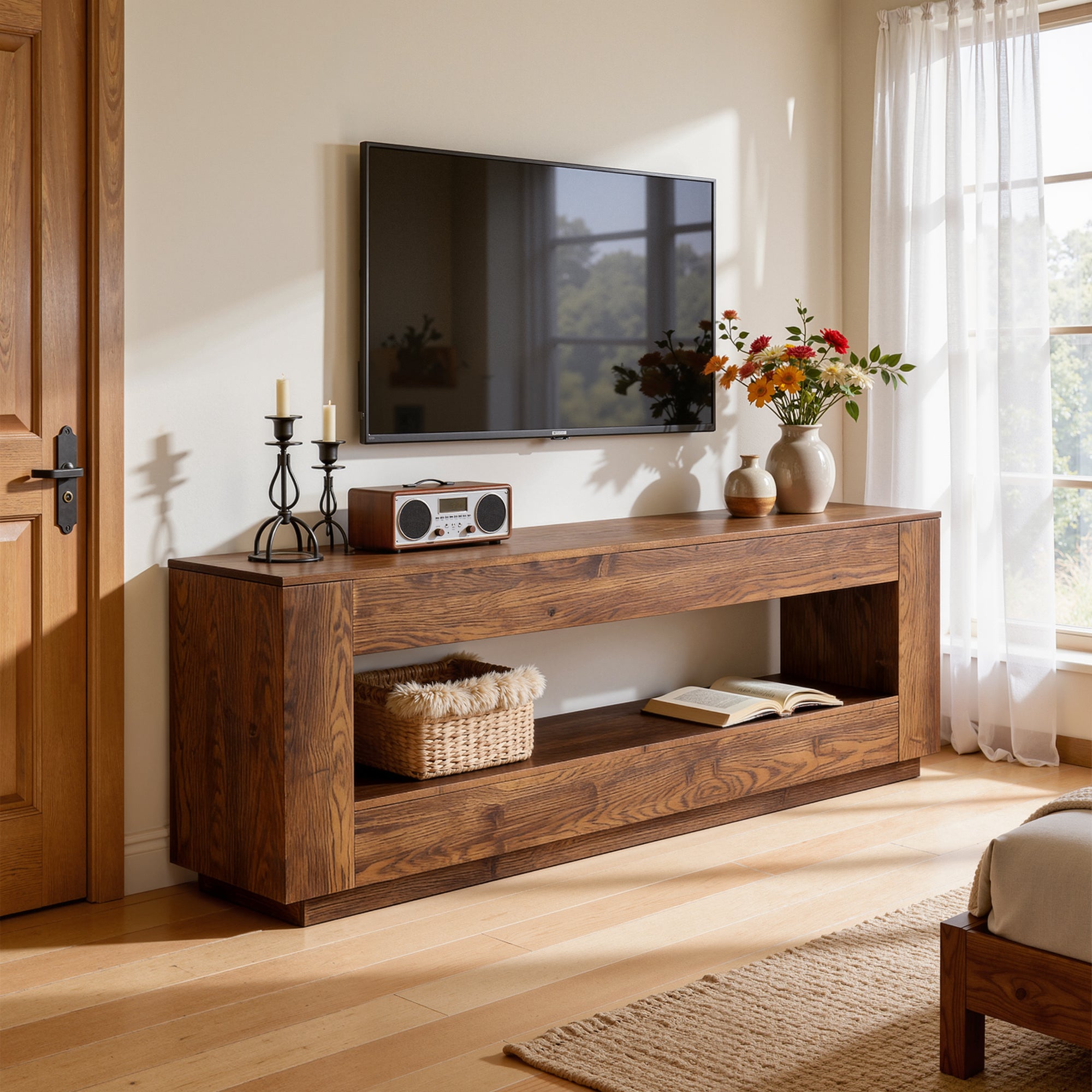 70.87" Solid Wood TV Stand, 2-Tier Entertainment Center for up to 80" TV