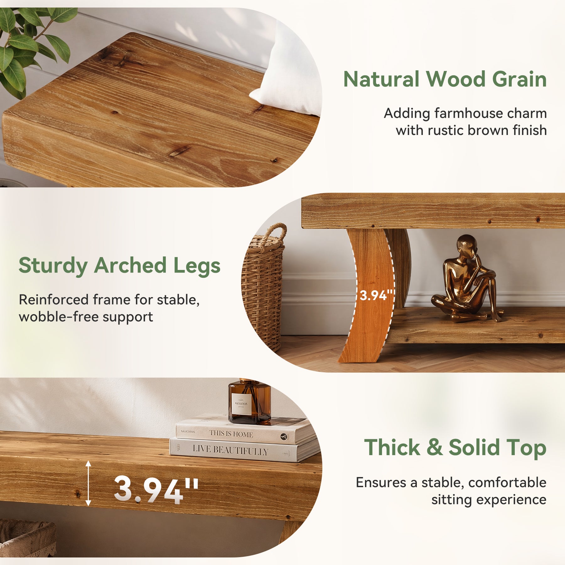 63" Solid Wood Entryway Bench, Narrow Shoe Storage Bench End of Bed Seat for Entryway