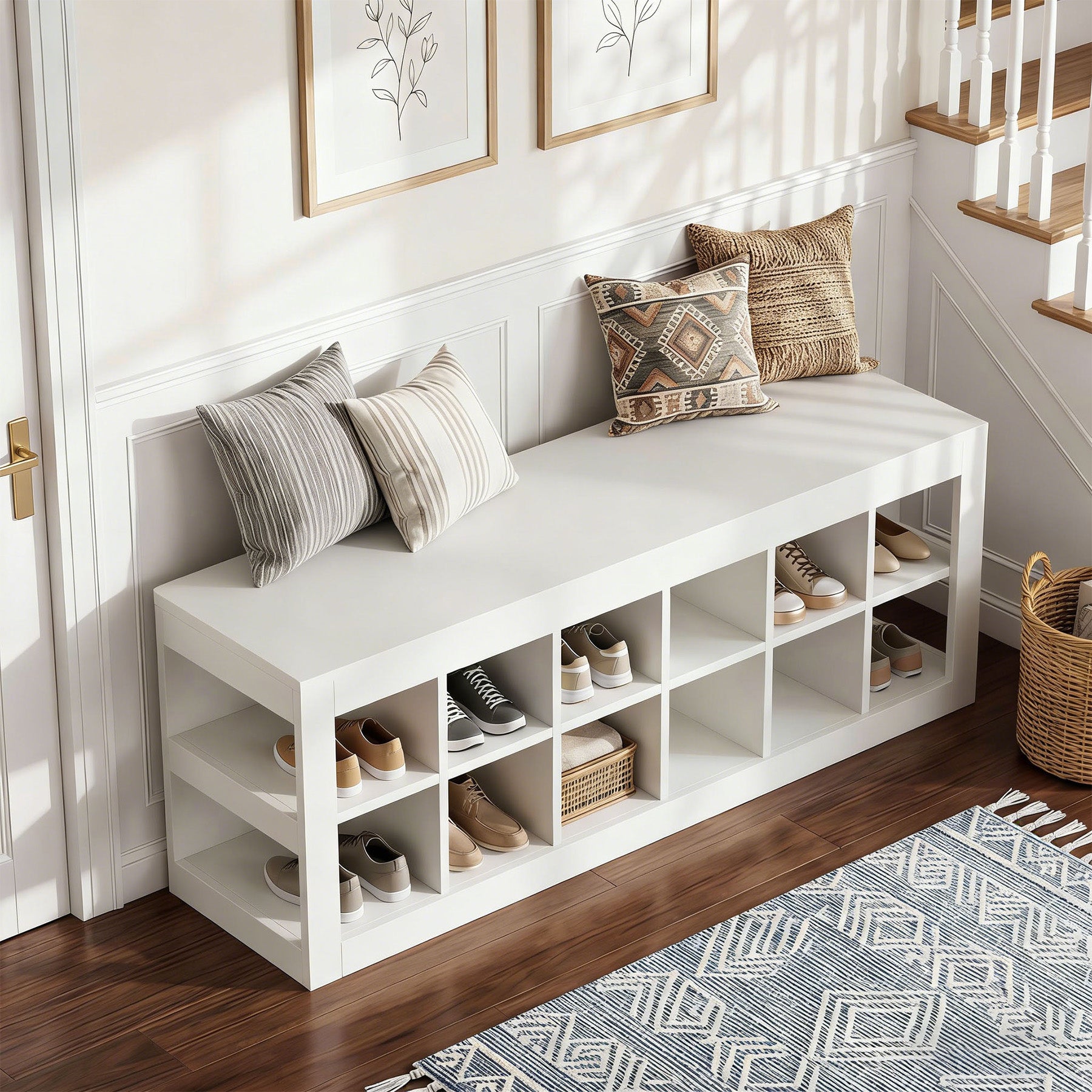 52.36" Shoe Storage Bench with 12 Cubbies, Wooden Entryway Bench for Hallway