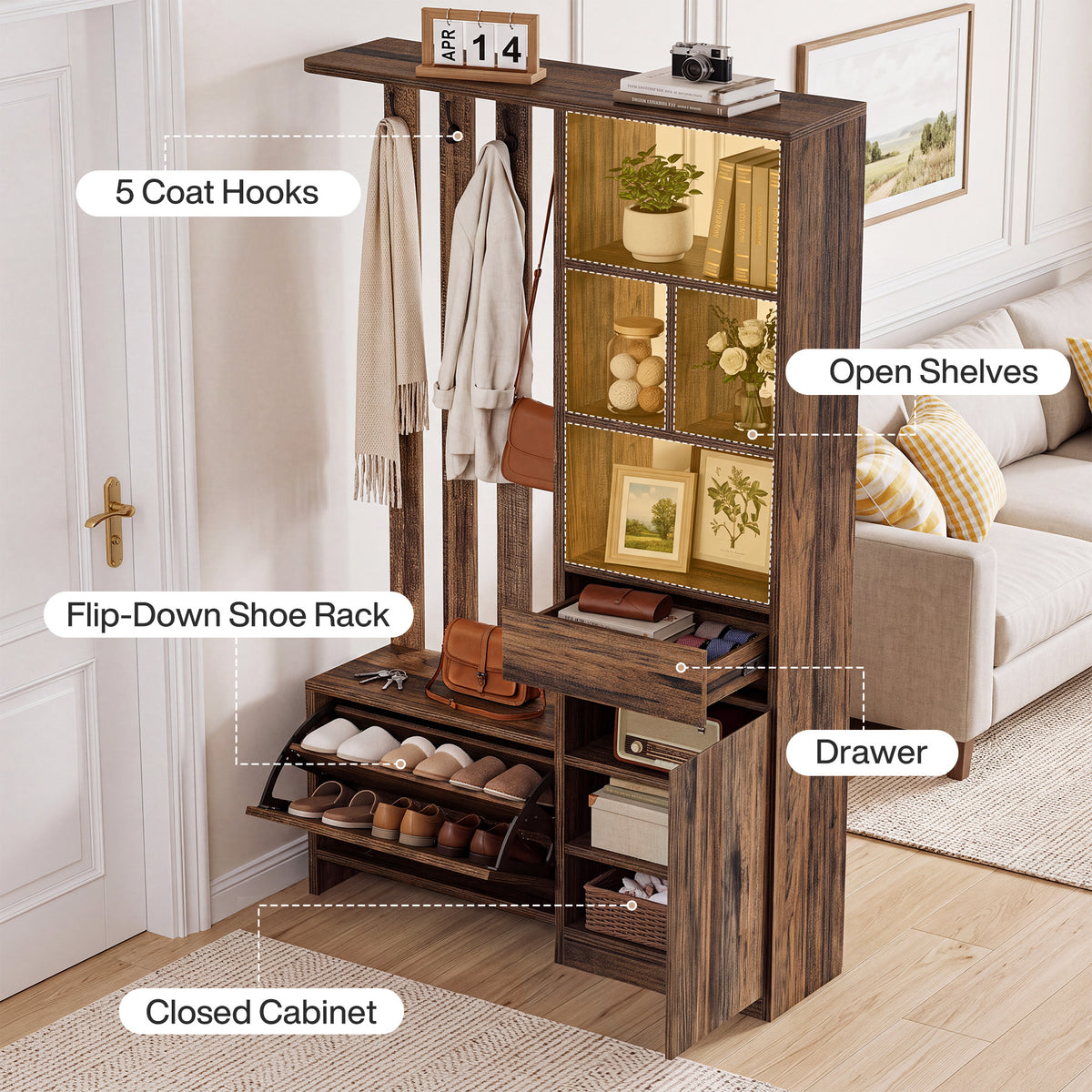 71" Farmhouse Hall Tree with Bench & Shoe Storage, 5 Double Hooks & 2 Drawers