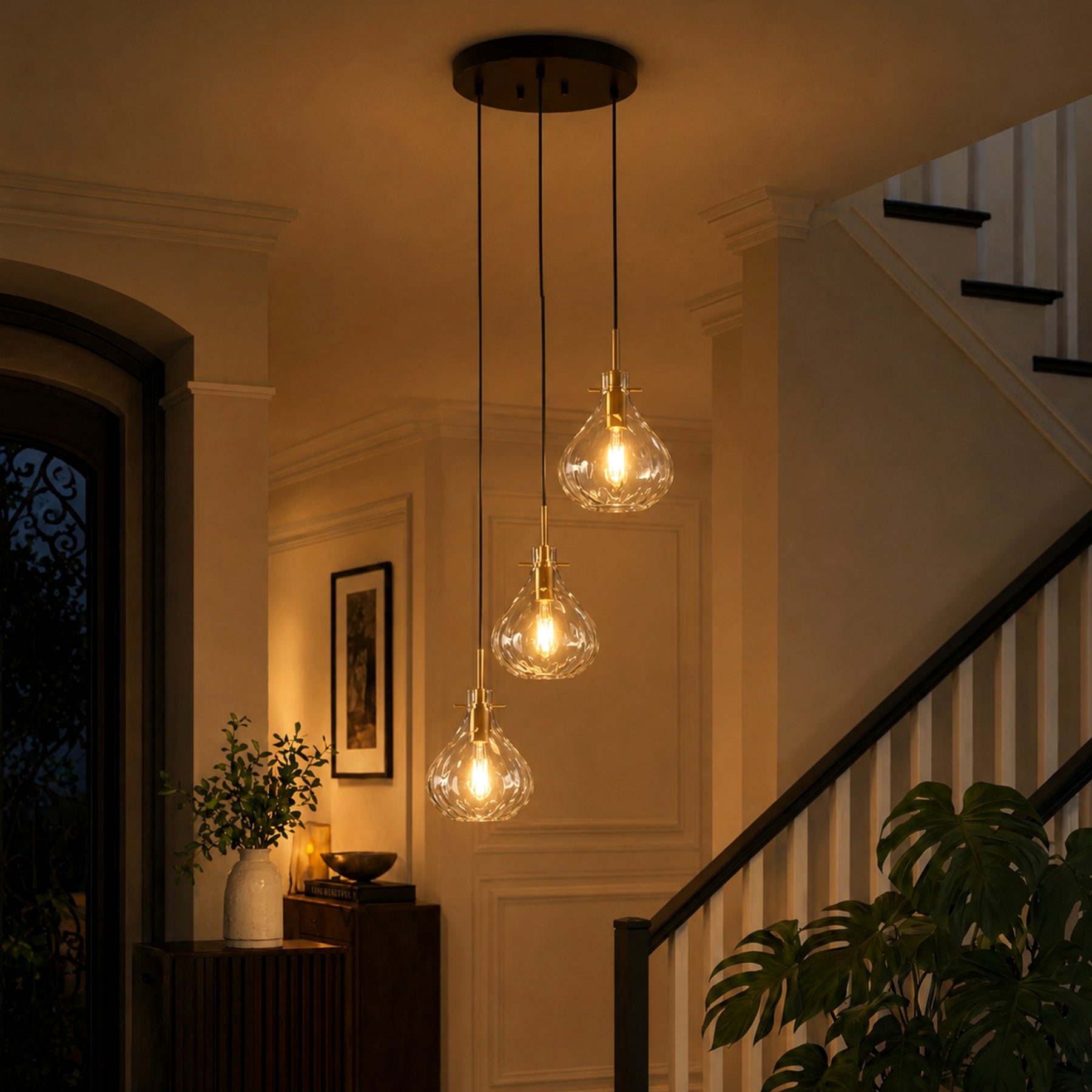 Modern 3-Light Pendant Lighting with Water Ripple Glass Shade, Kitchen Island Lighting with Adjustable Height