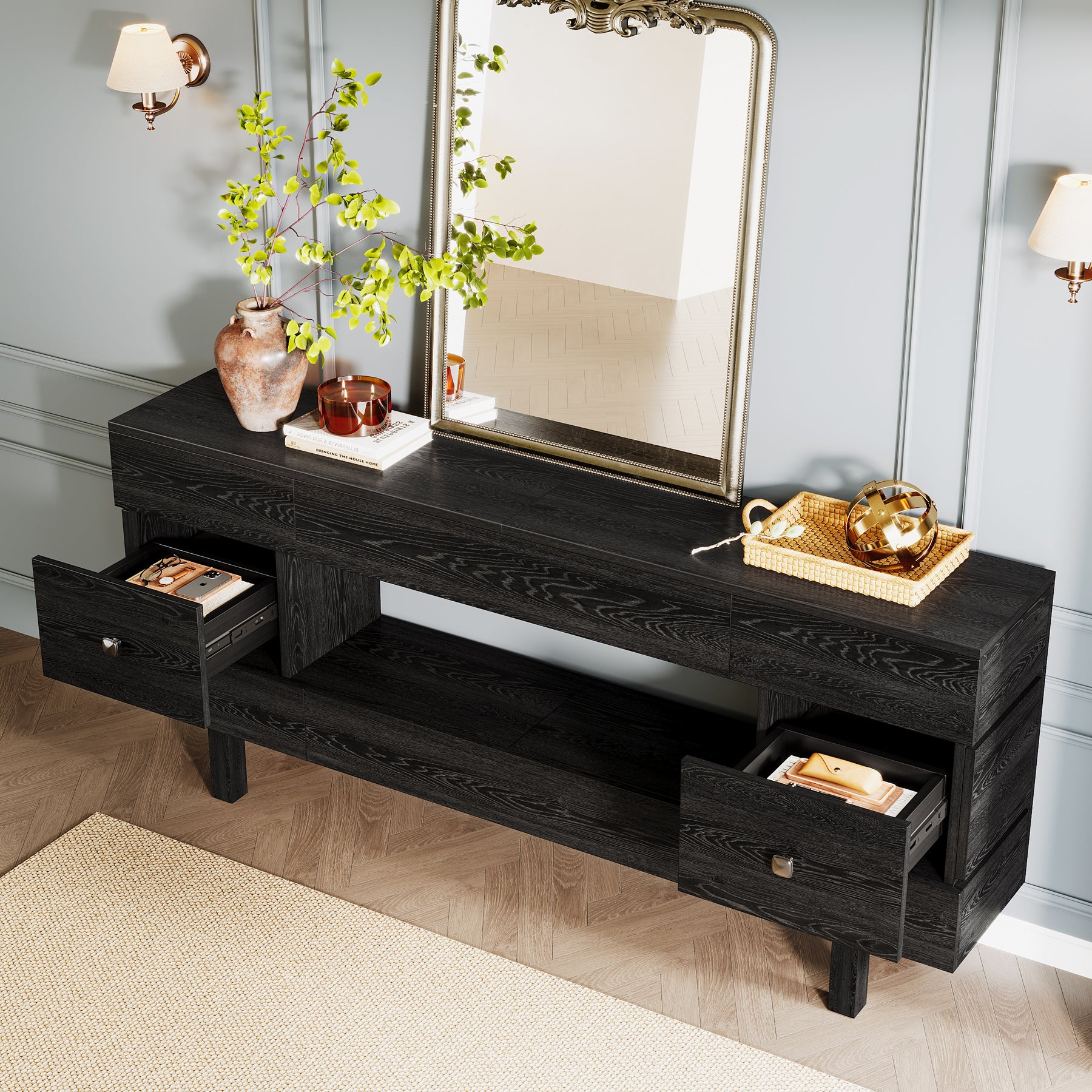 70.8" Console Table, Farmhouse 2-Tier Entryway Table with Display Shelf