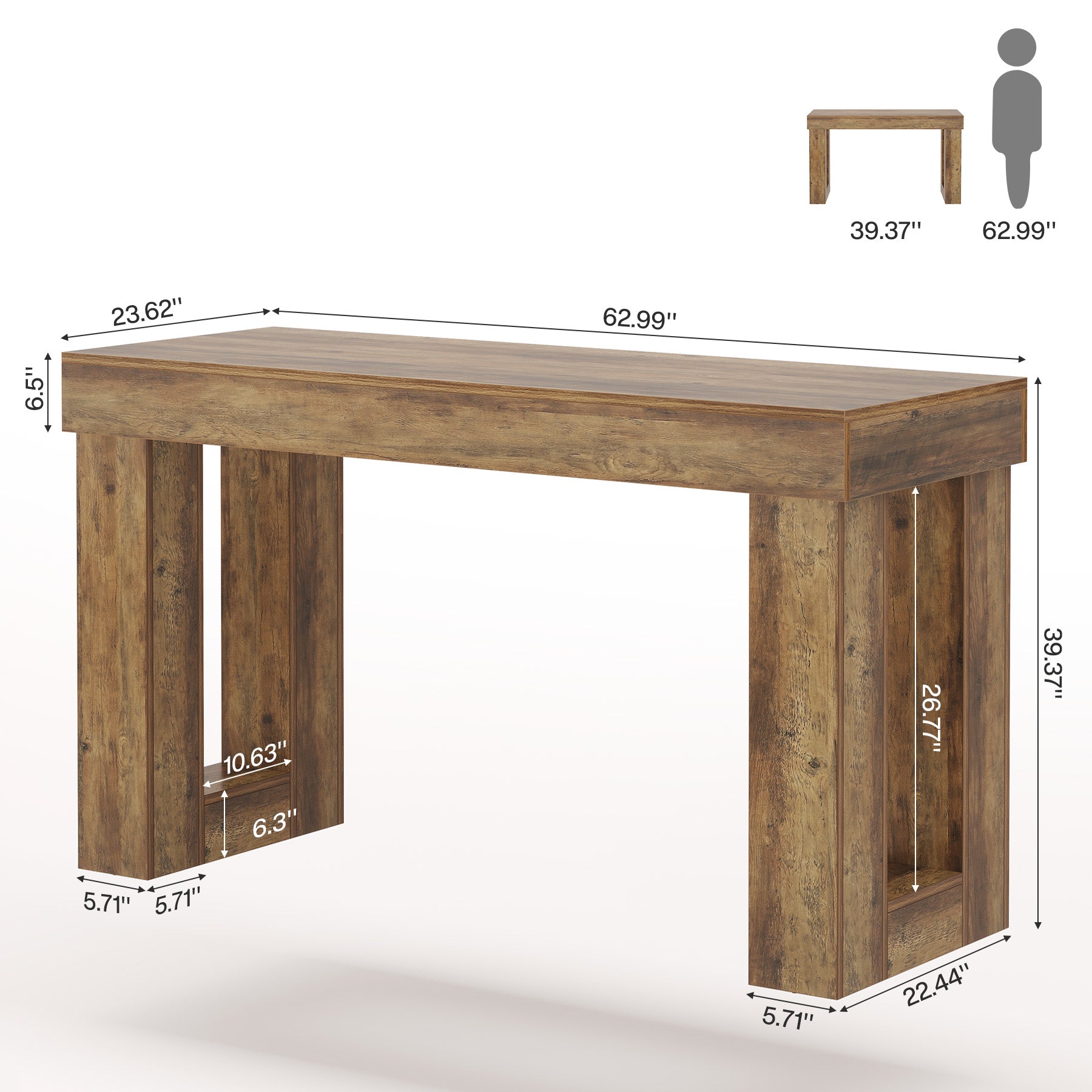 63" Bar Table, Counter Height Pub Table with Sturdy Rectangular Base